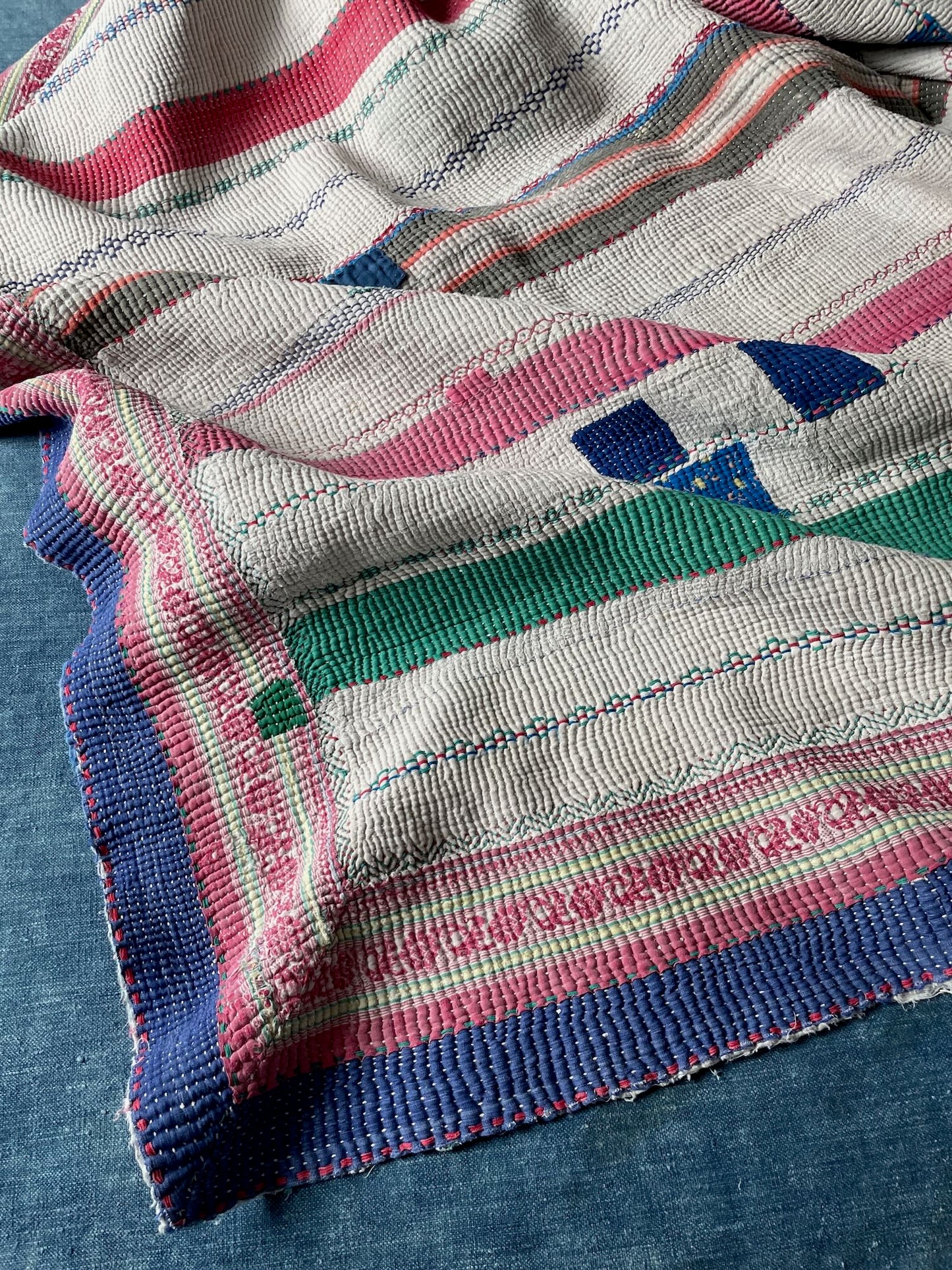 striped vintage kantha quilt uk blue white patchwork cotton comforter hand made washable heavy