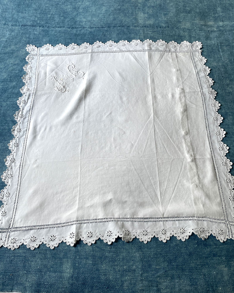 large antique french white cotton pillow cover square boudoir pillow case embroidered JC 