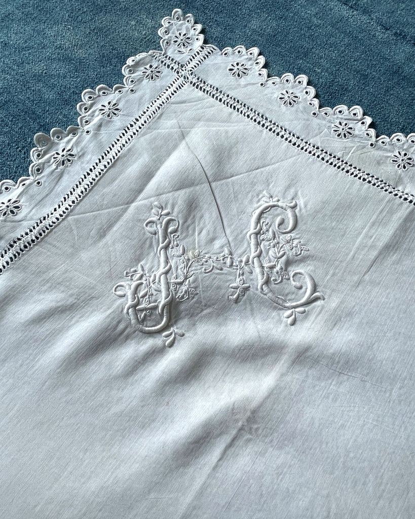 large antique french white cotton pillow cover square boudoir pillow case embroidered JC 