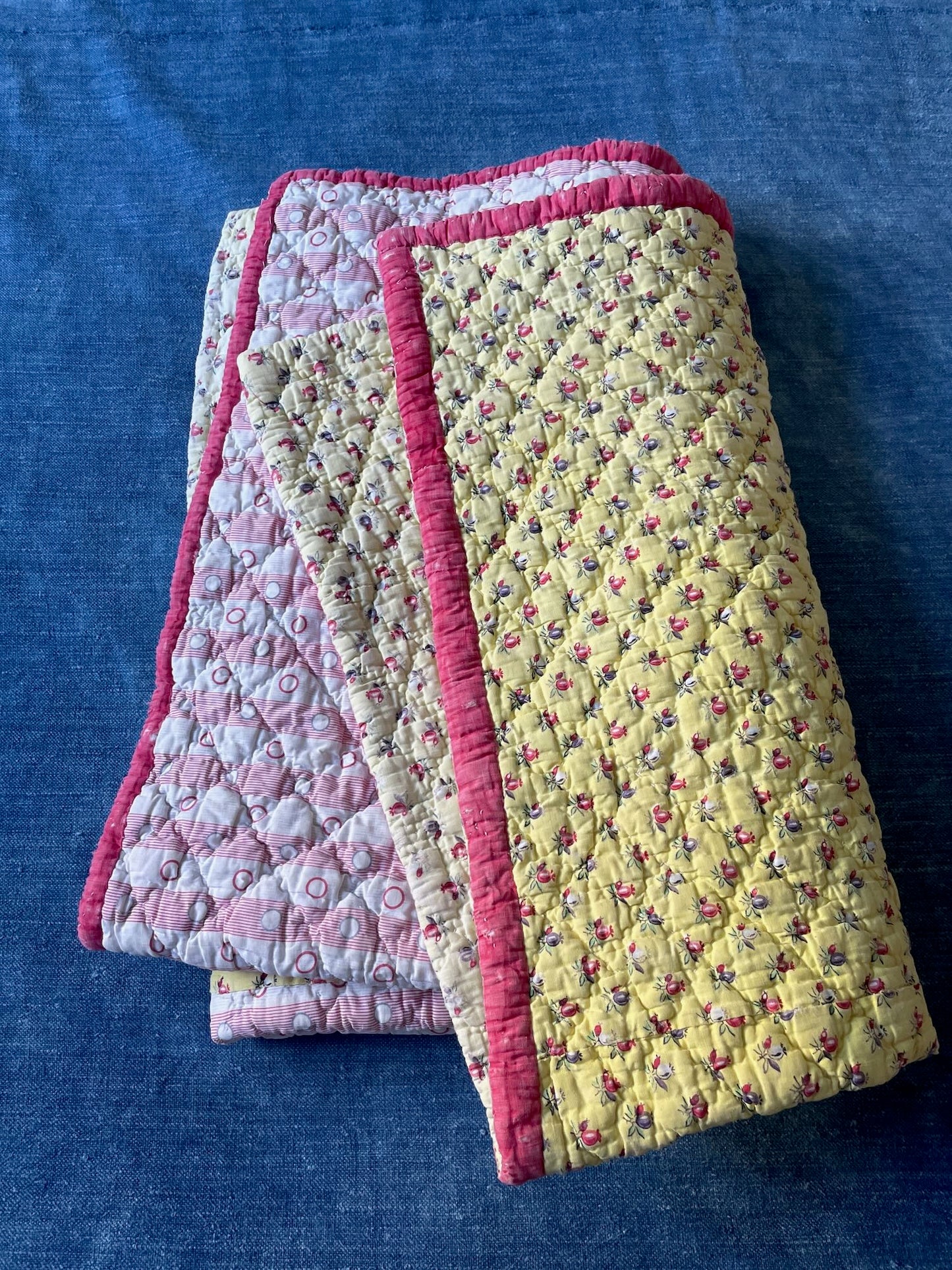 antique french quilt yellow red provencal pique small childs nursery bedcover comforter floral