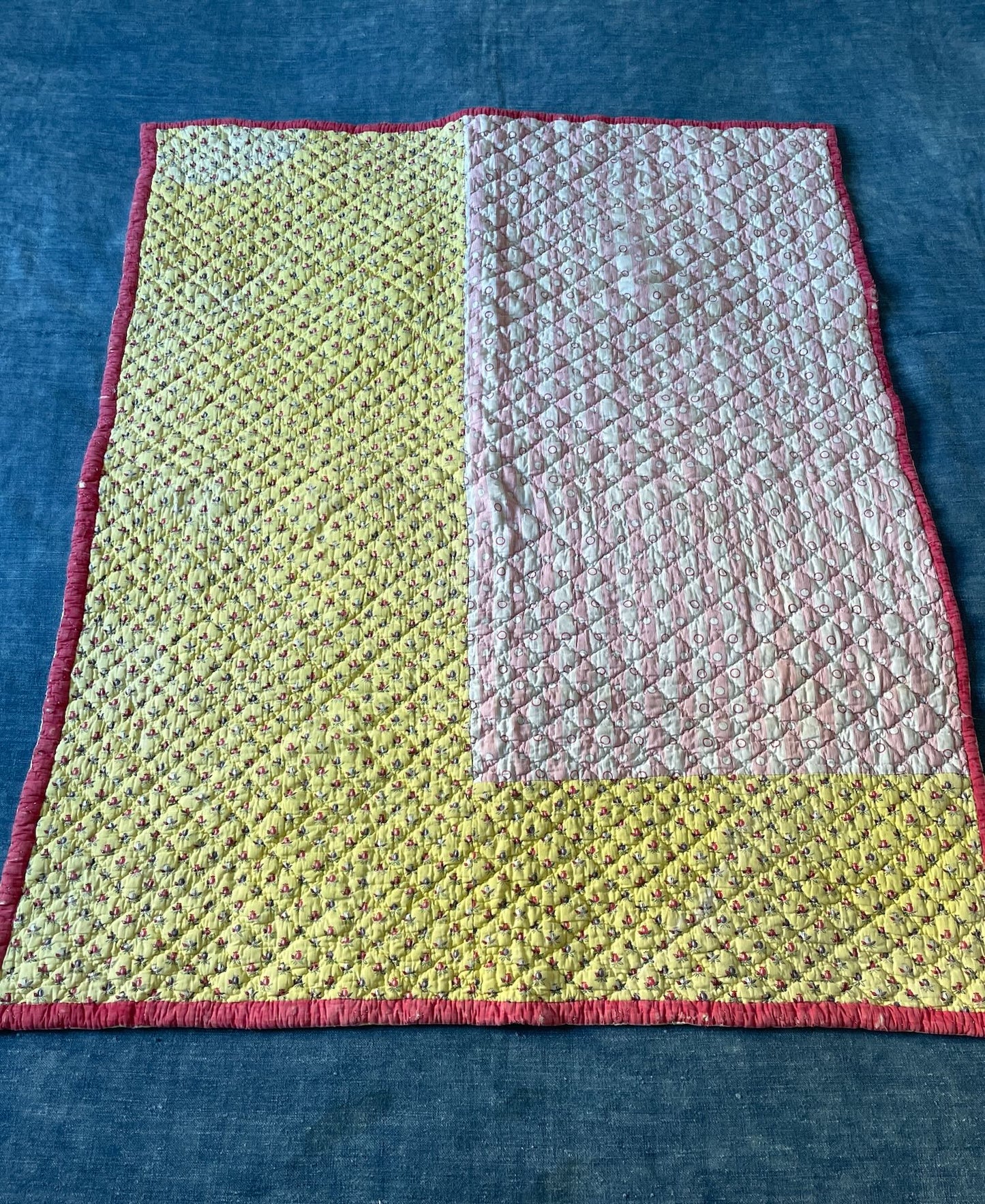 antique french quilt yellow red provencal pique small childs nursery bedcover comforter floral