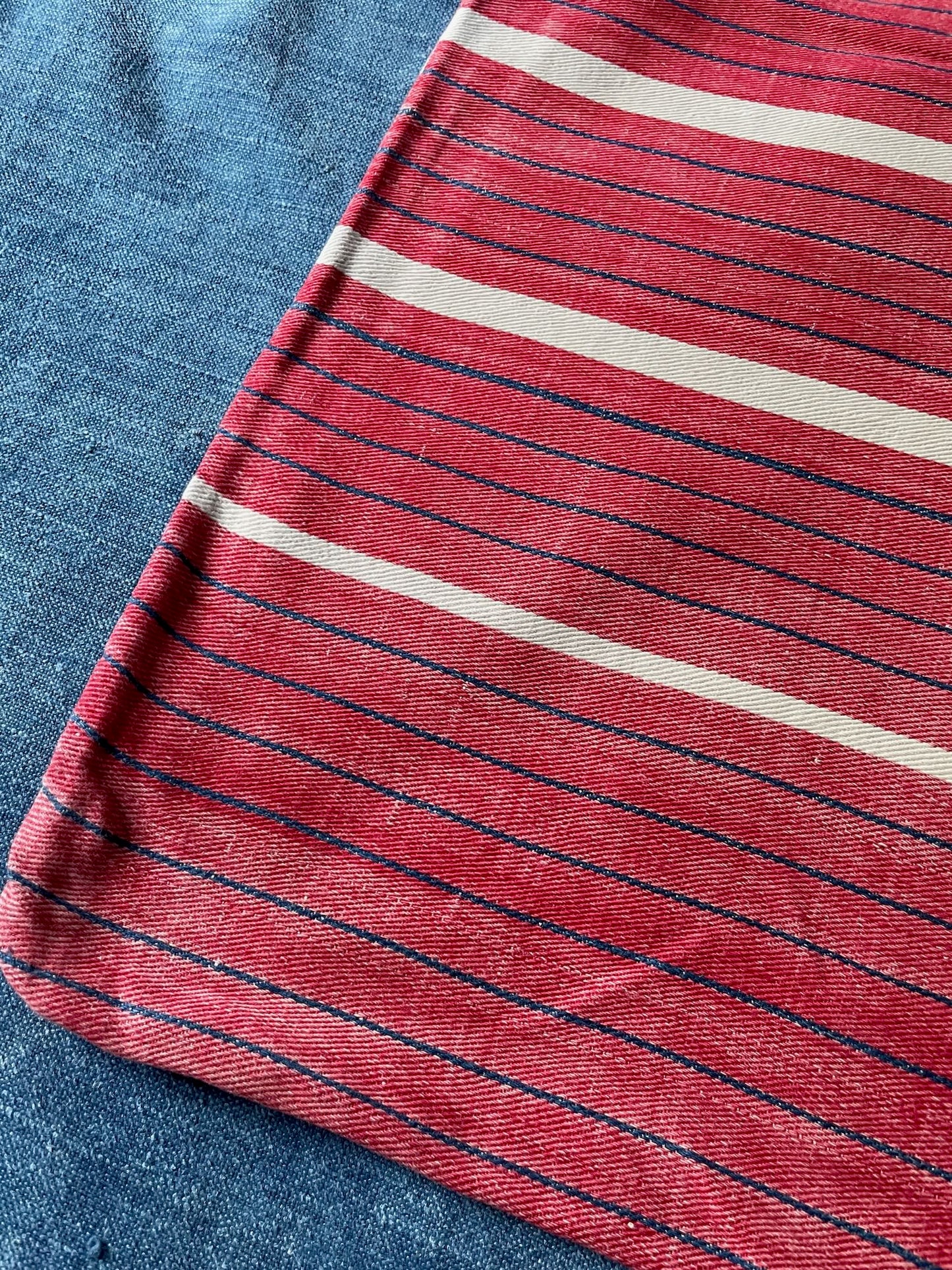 red white blue stripe cushion cover pillow upholstery fabric vintage cotton folk textile washable
