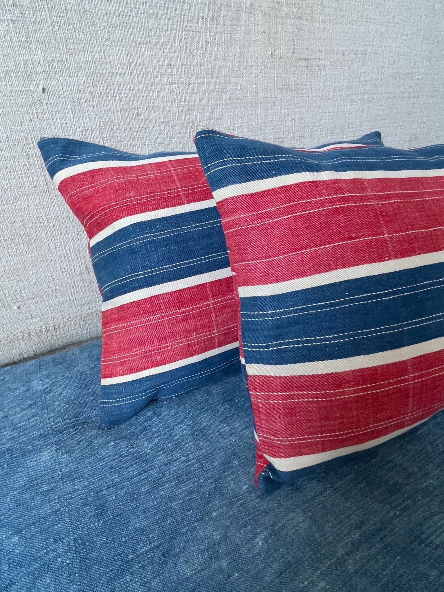 red blue stripe cushions pair pillows feather vintage fabric east europe boho couch sofa washabl