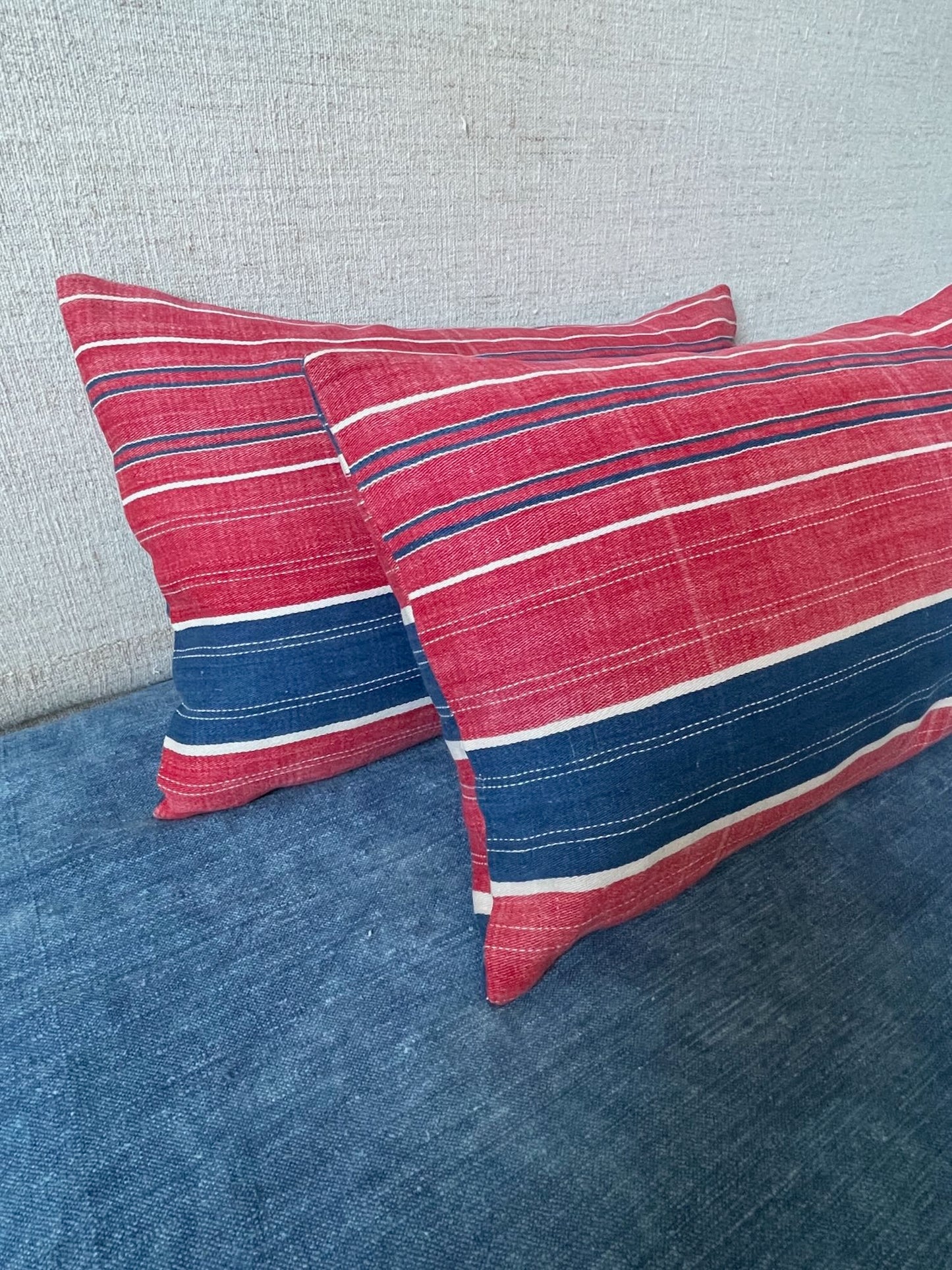 red blue stripe cushions pair pillows feather vintage fabric east europe boho couch sofa washabl