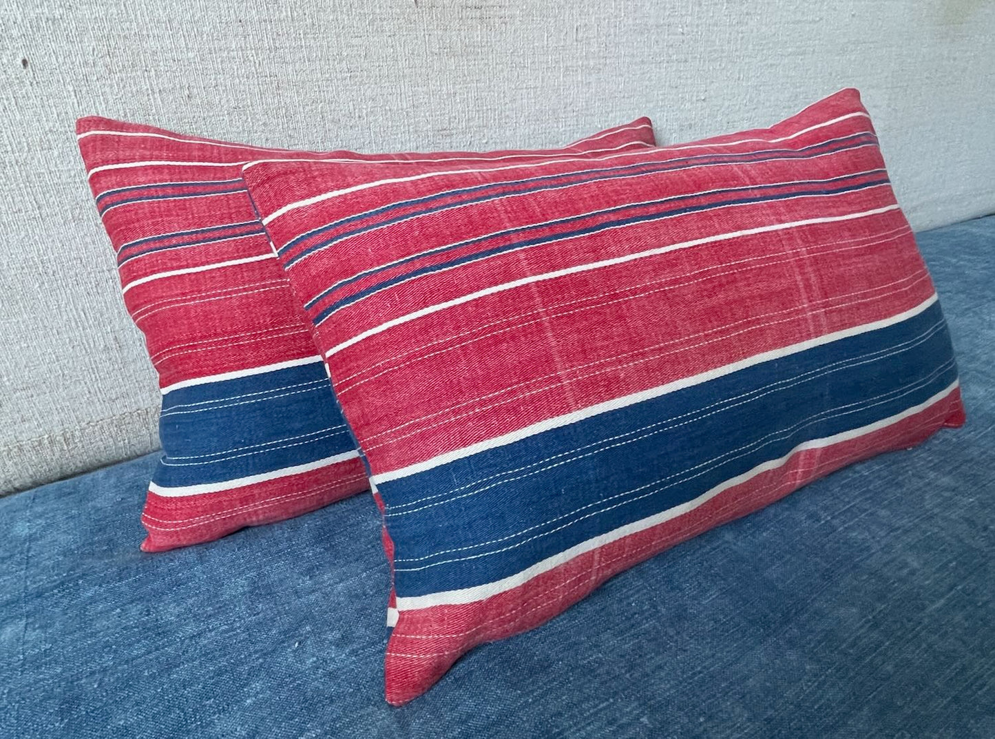 
                  
                    red blue stripe cushions pair pillows feather vintage fabric east europe boho couch sofa washabl
                  
                
