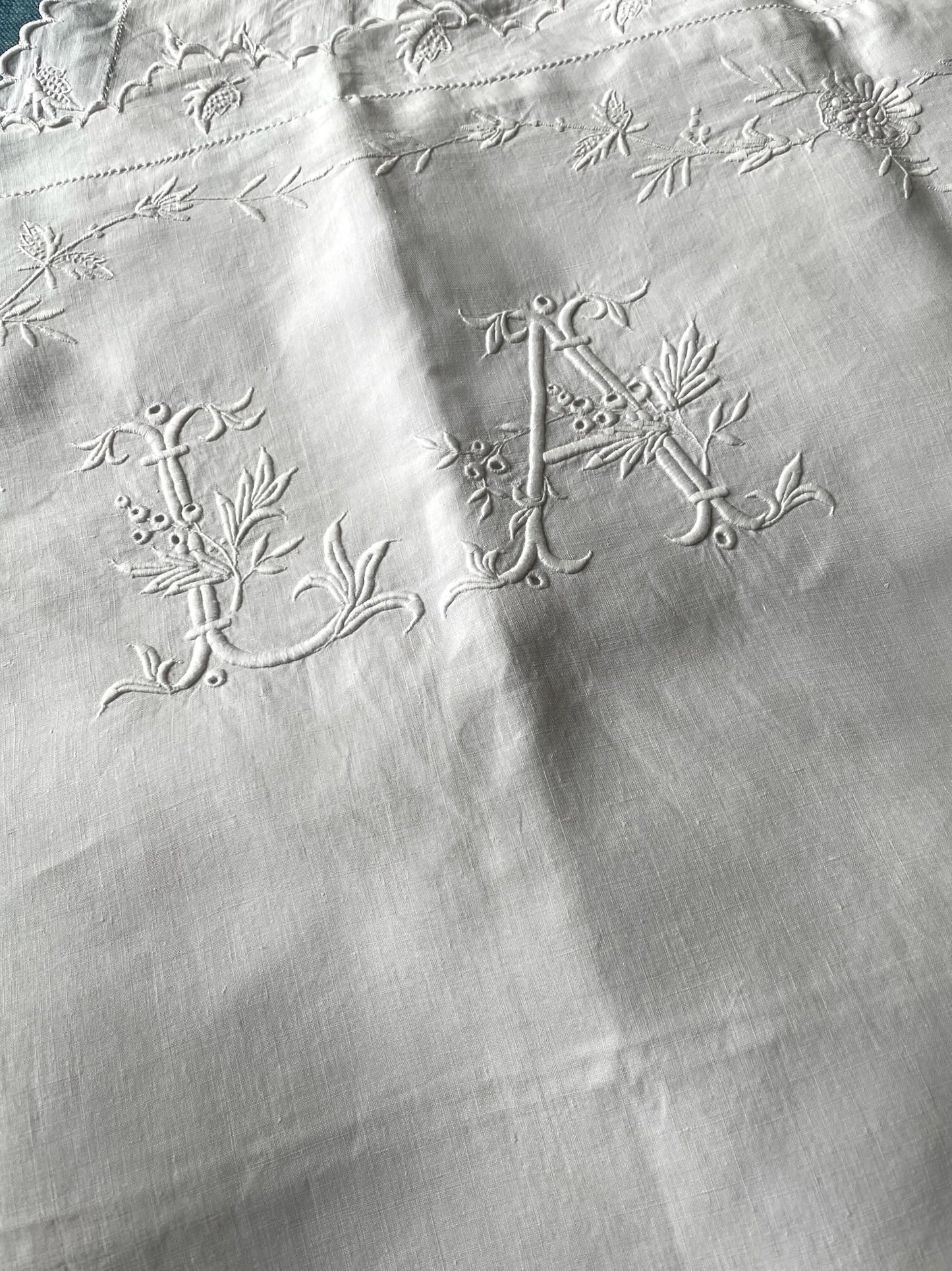 antique french white linen pillow covers shams embroidered flowers LA mongrammed bedding
