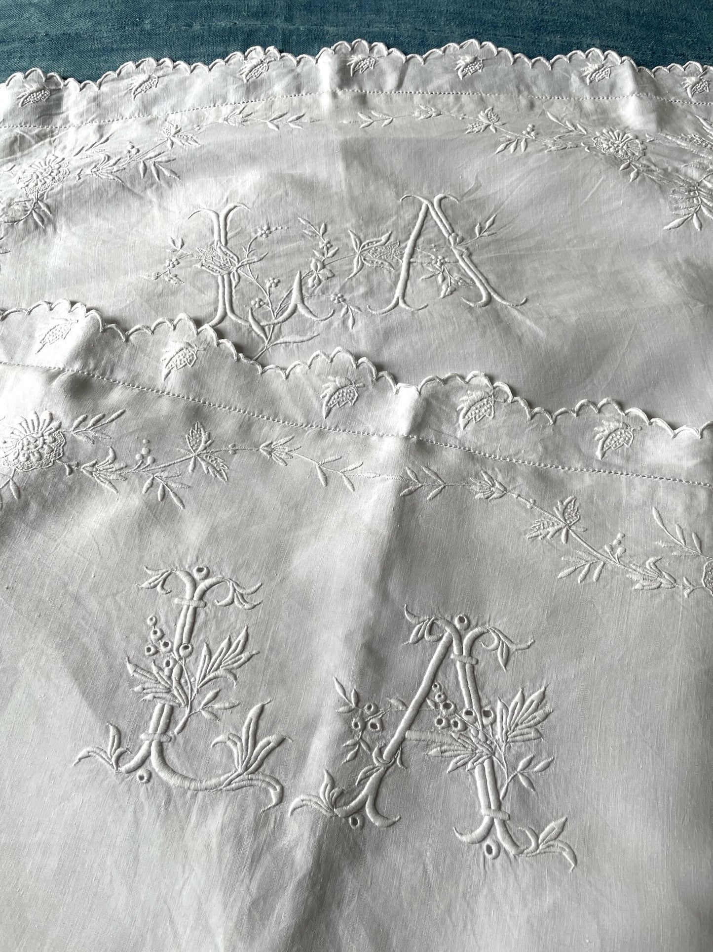 antique french white linen pillow covers shams embroidered flowers LA mongrammed bedding