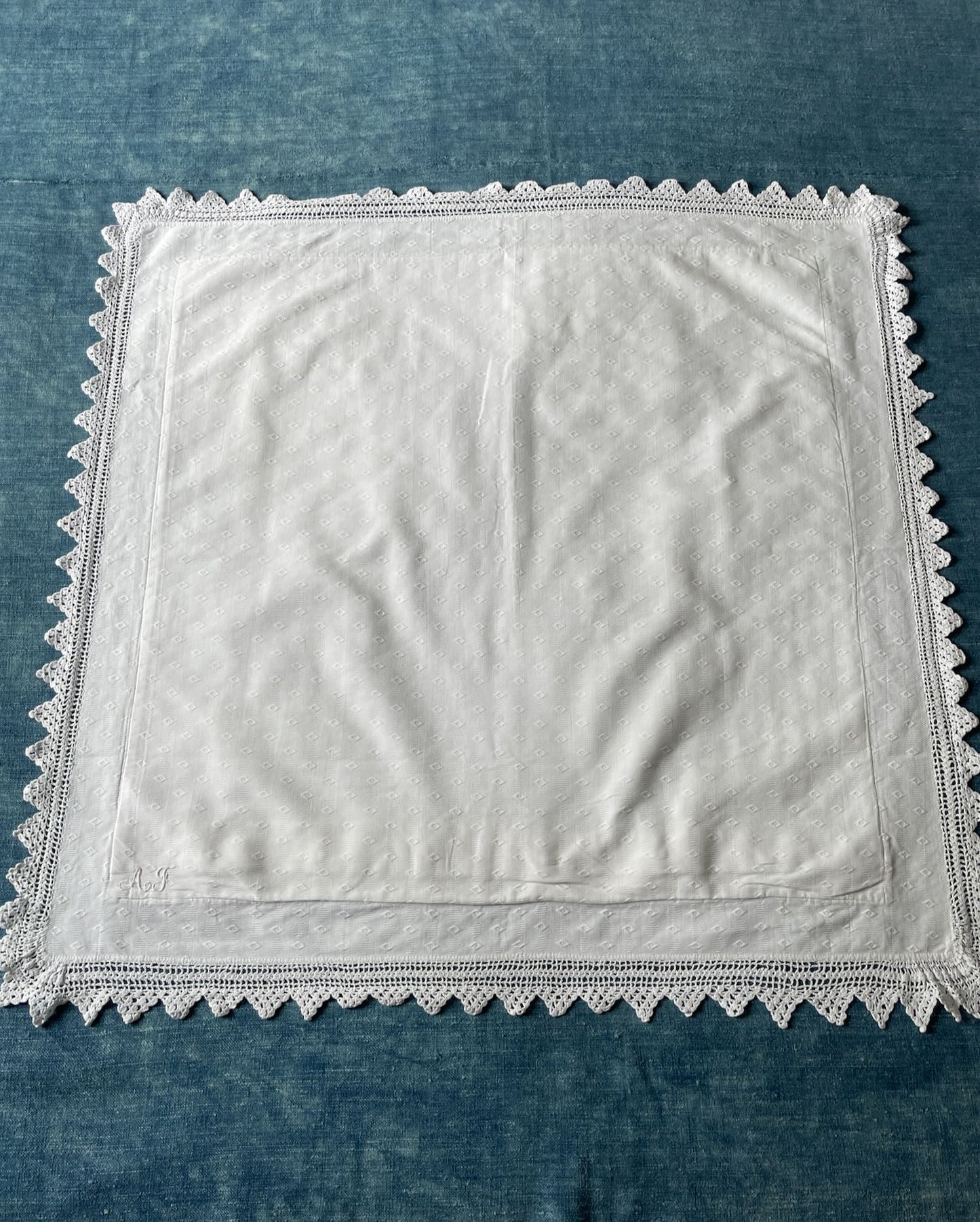 antique french pillow cover crochet trim white cotton pique monogrammed AJ large washable