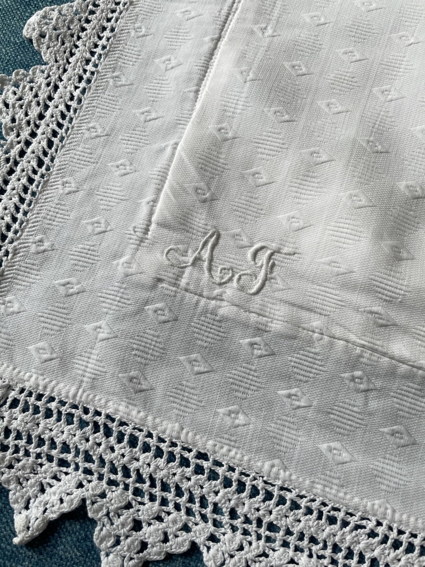 antique french pillow cover crochet trim white cotton pique monogrammed AJ large washable