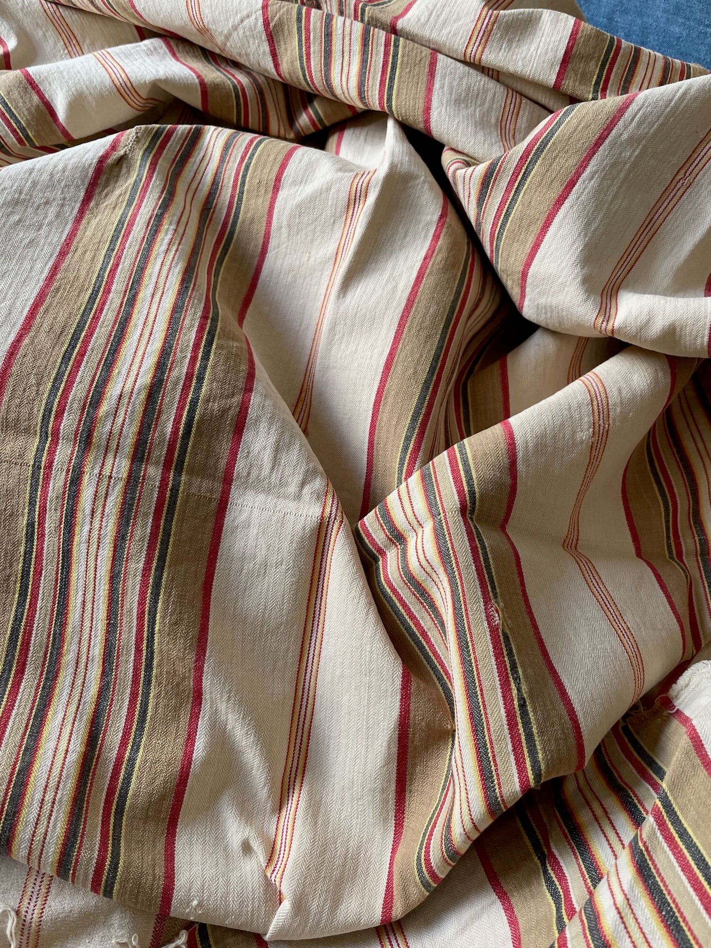 antique french stripe toile de matelas upholstery fabric red beige cream yellow  cotton ticking