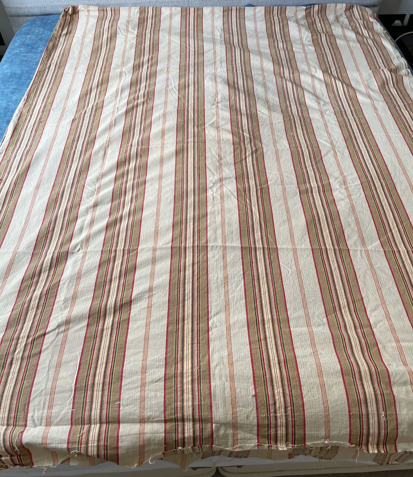 antique french stripe toile de matelas upholstery fabric red beige cream yellow  cotton ticking