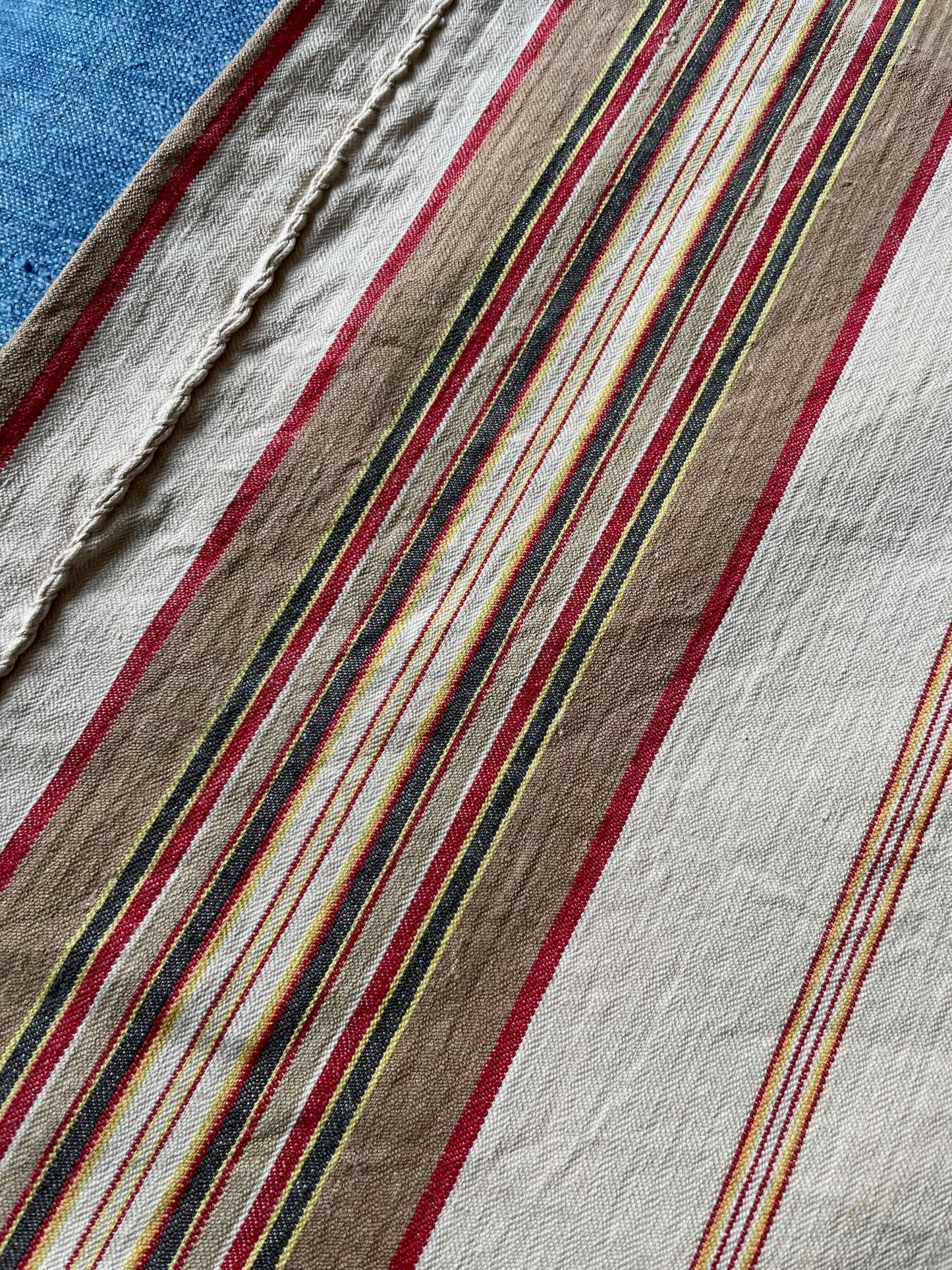 
                  
                    antique french stripe toile de matelas upholstery fabric red beige cream yellow  cotton ticking
                  
                