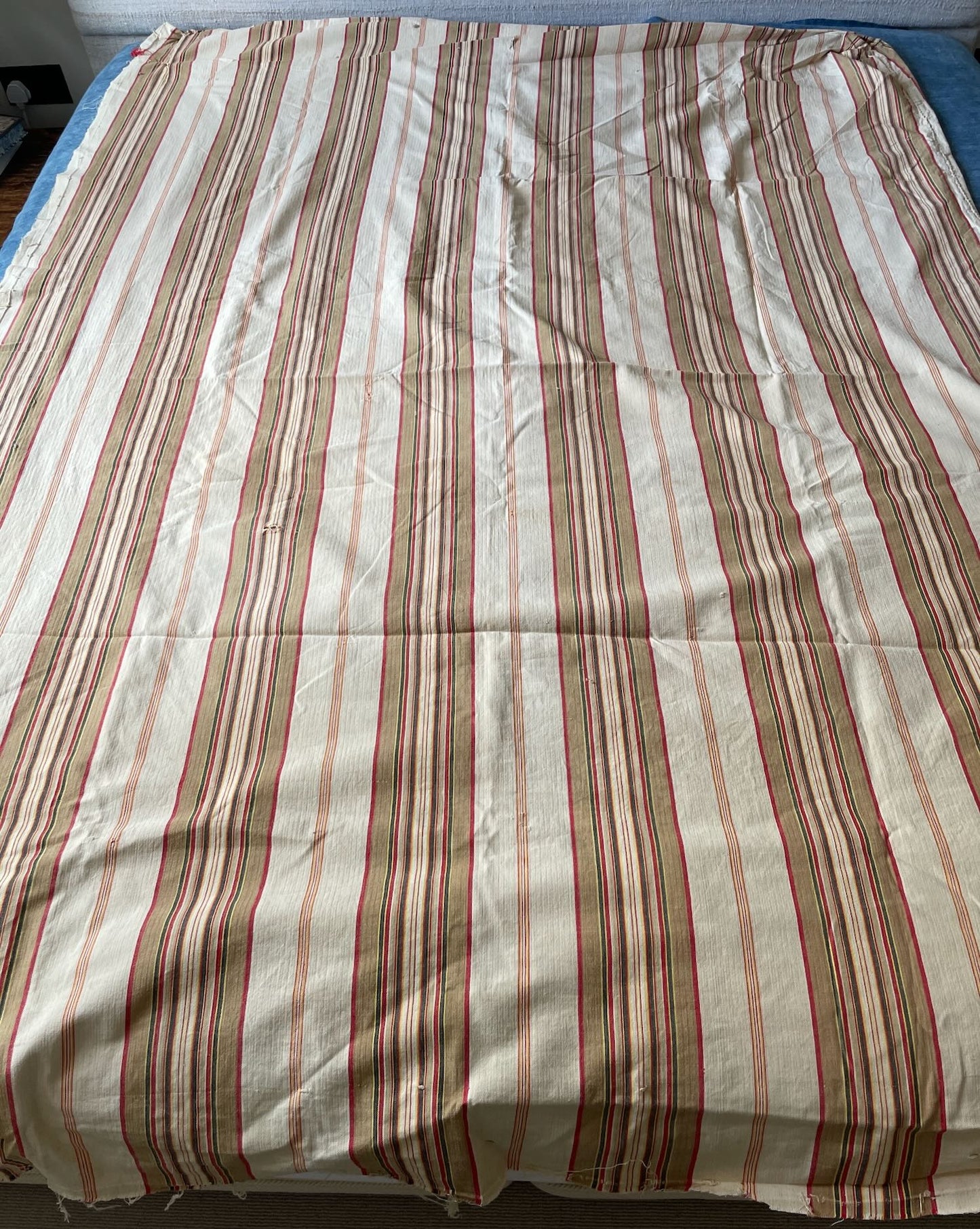 
                  
                    antique french stripe toile de matelas upholstery fabric red beige cream yellow  cotton ticking
                  
                