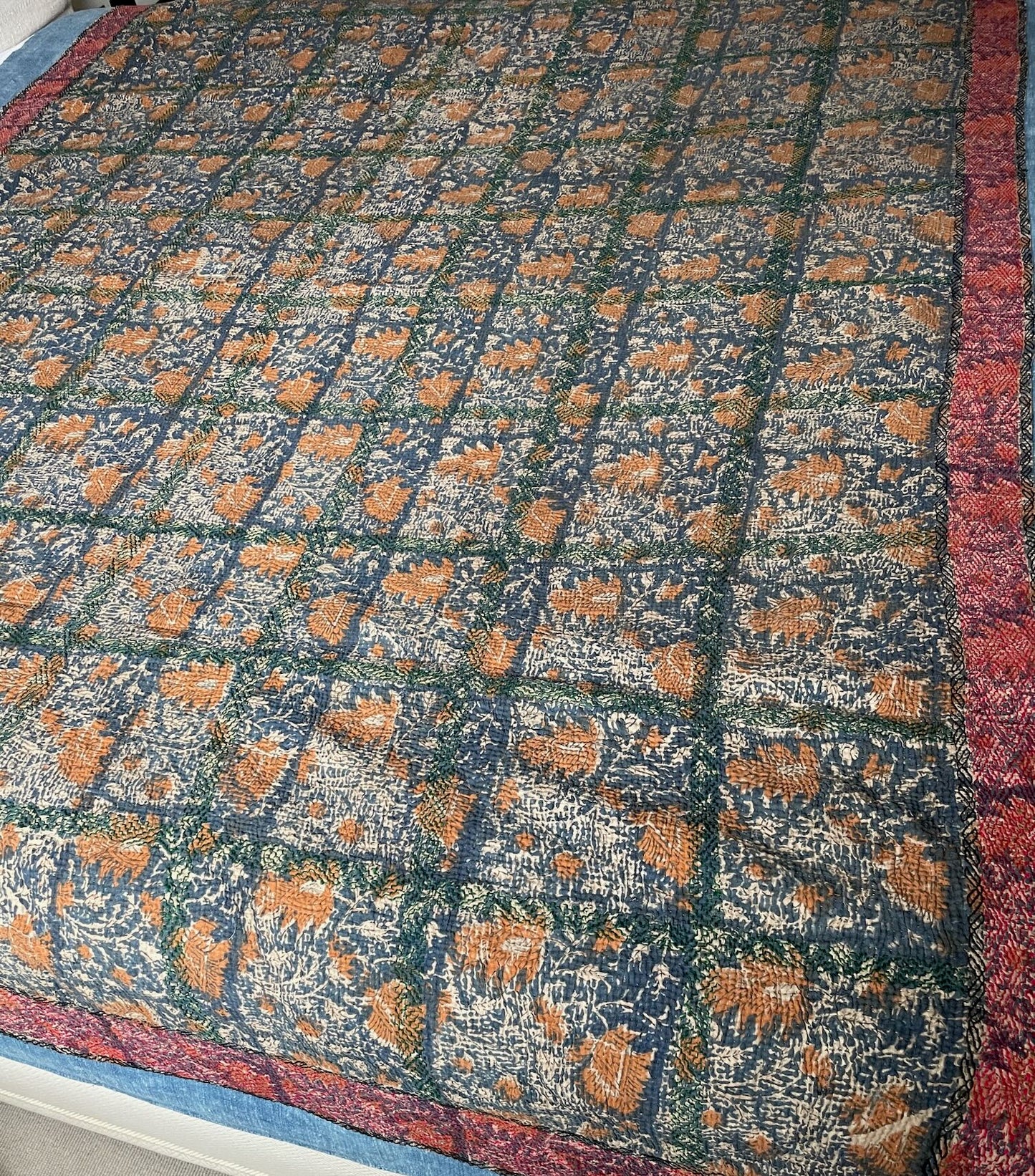 navy blue terracotta bedspread sofa throw kantha quilt vintage block print cotton comforter