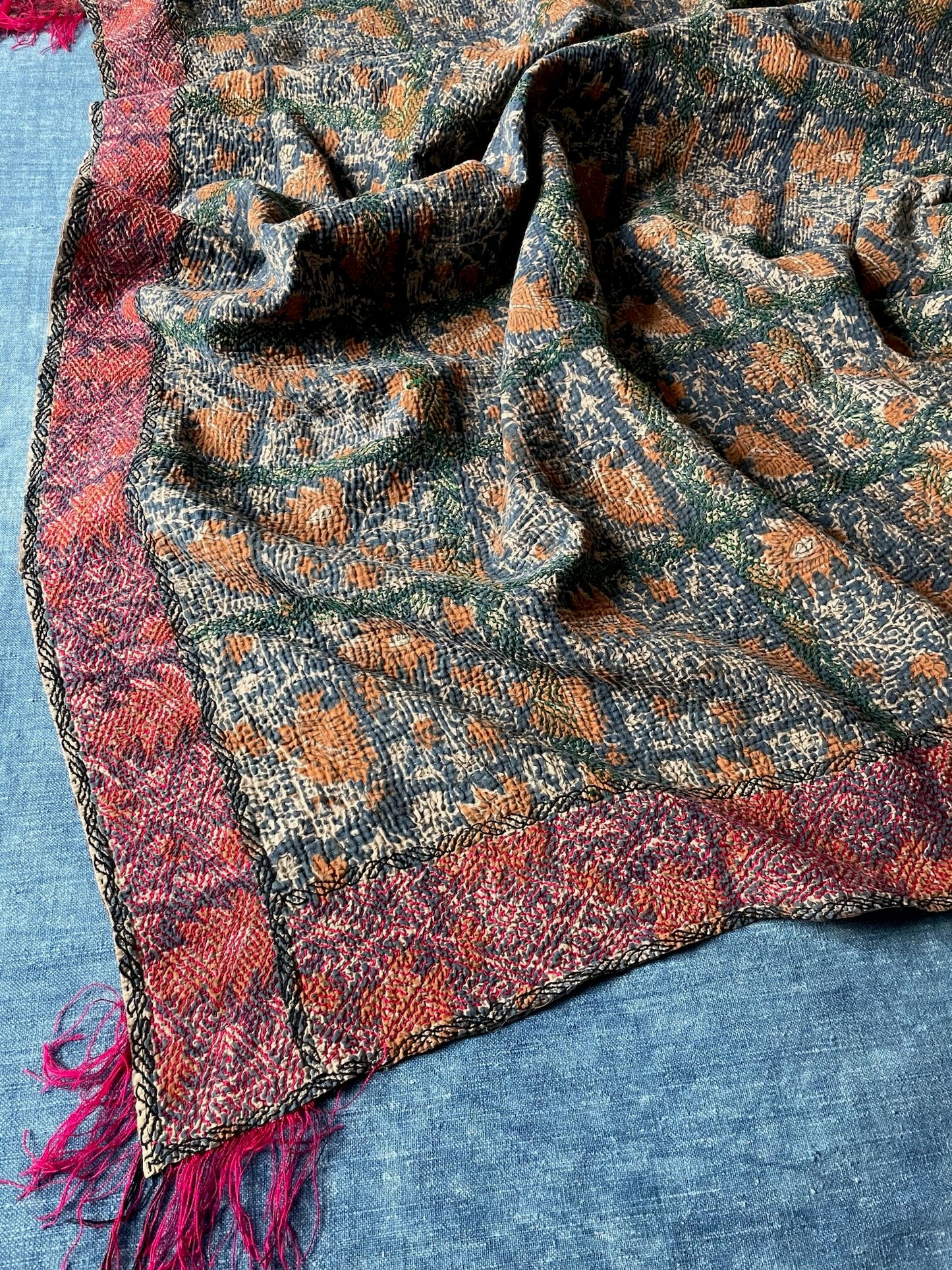 navy blue terracotta bedspread sofa throw kantha quilt vintage block print cotton comforter