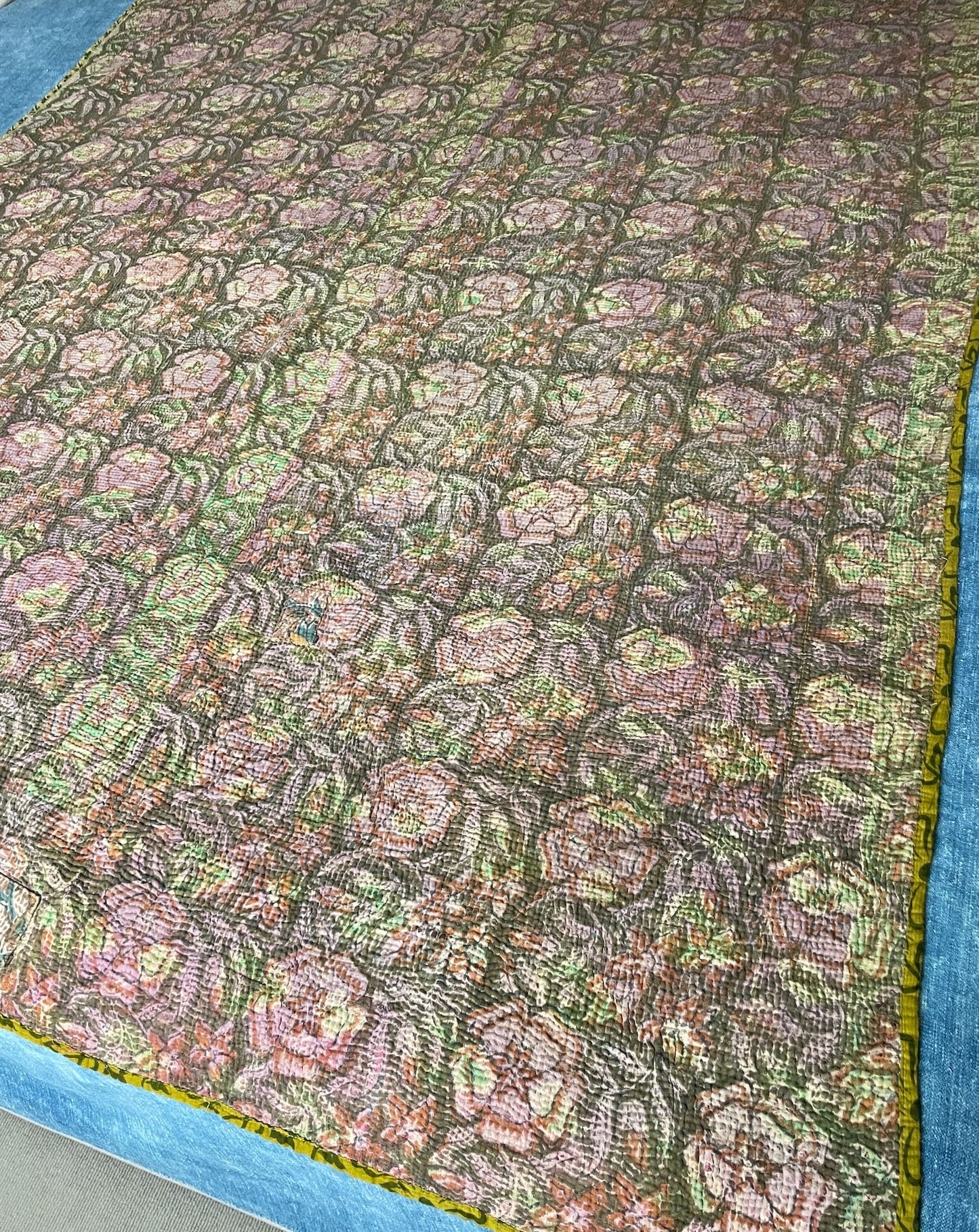 pale pink green william morris style kantha quilt sofa throw vintage uk washable cotton quilt