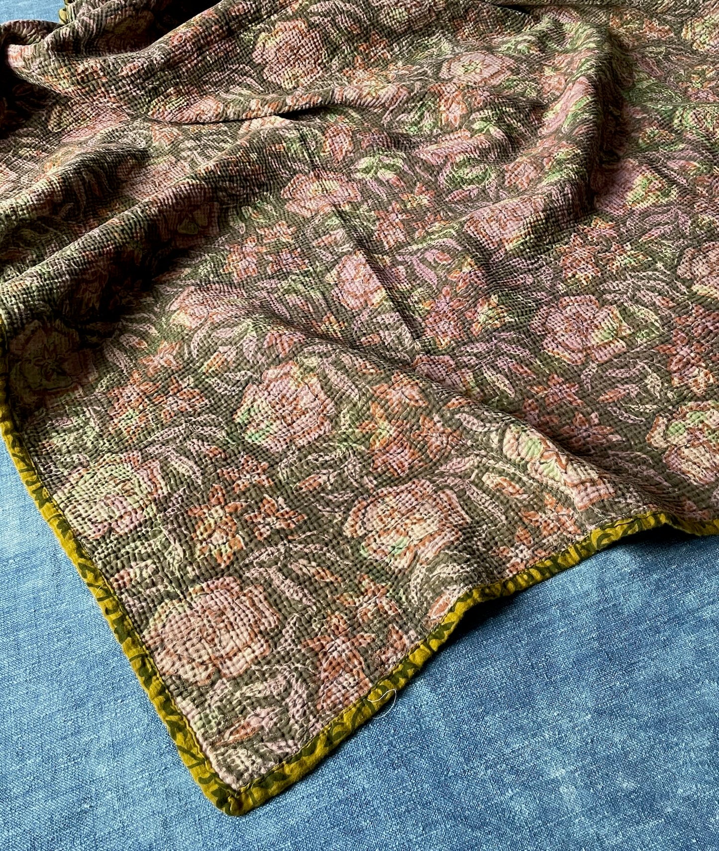 pale pink green william morris style kantha quilt sofa throw vintage uk washable cotton quilt