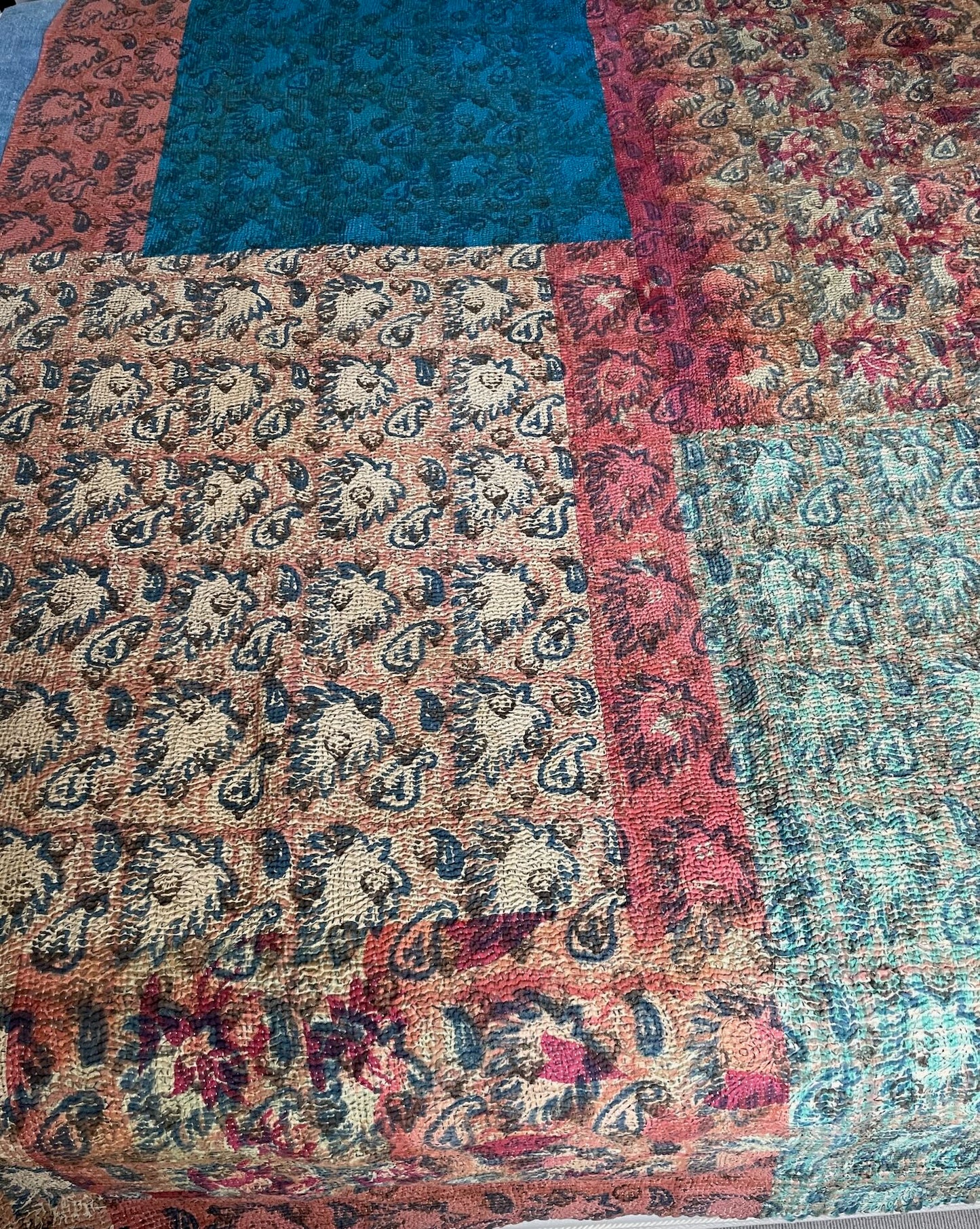 patchwork navy blue red terracotta warm kantha quilt bedspread cotton large washable quilt