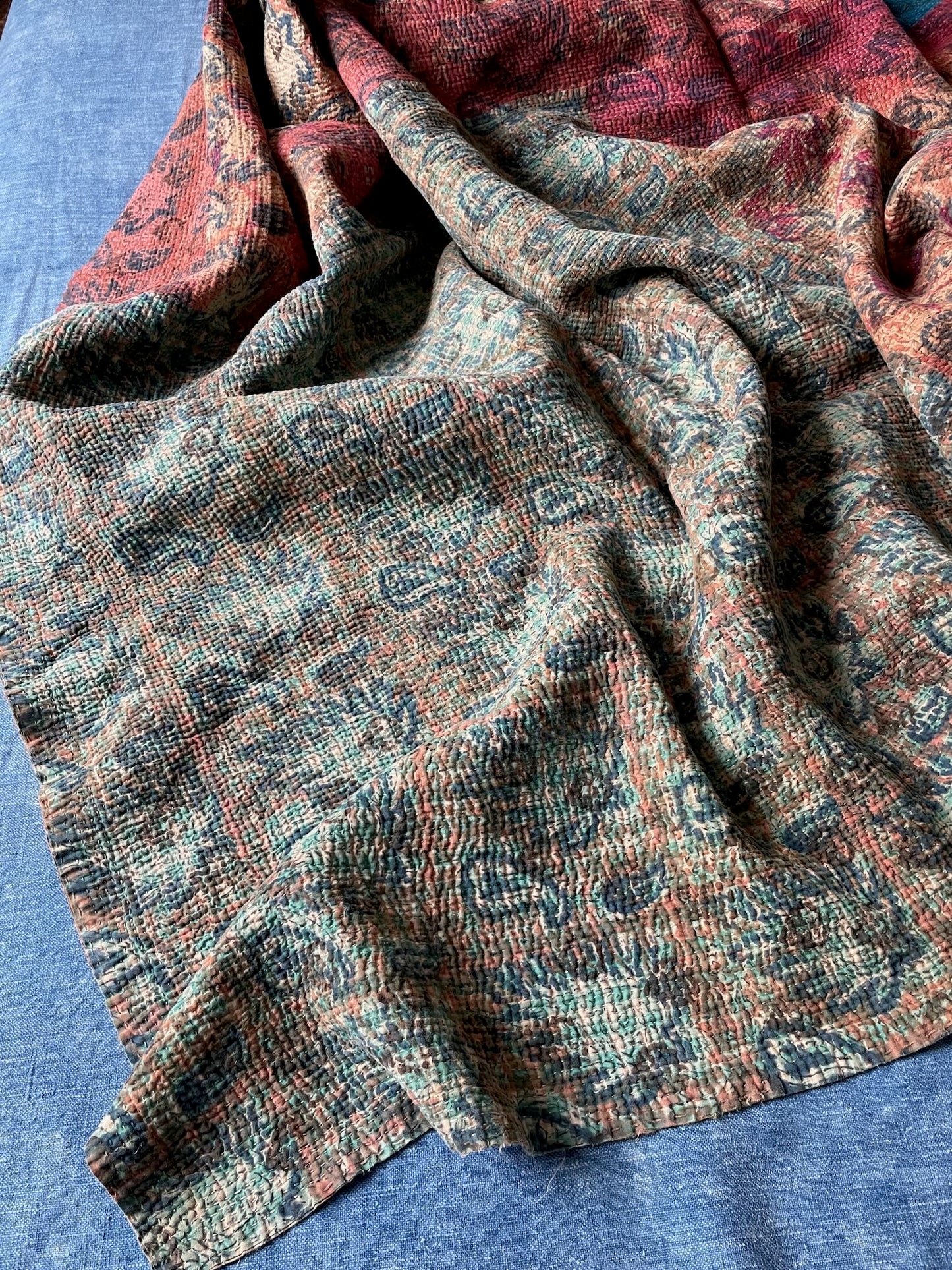 patchwork navy blue red terracotta warm kantha quilt bedspread cotton large washable quilt
