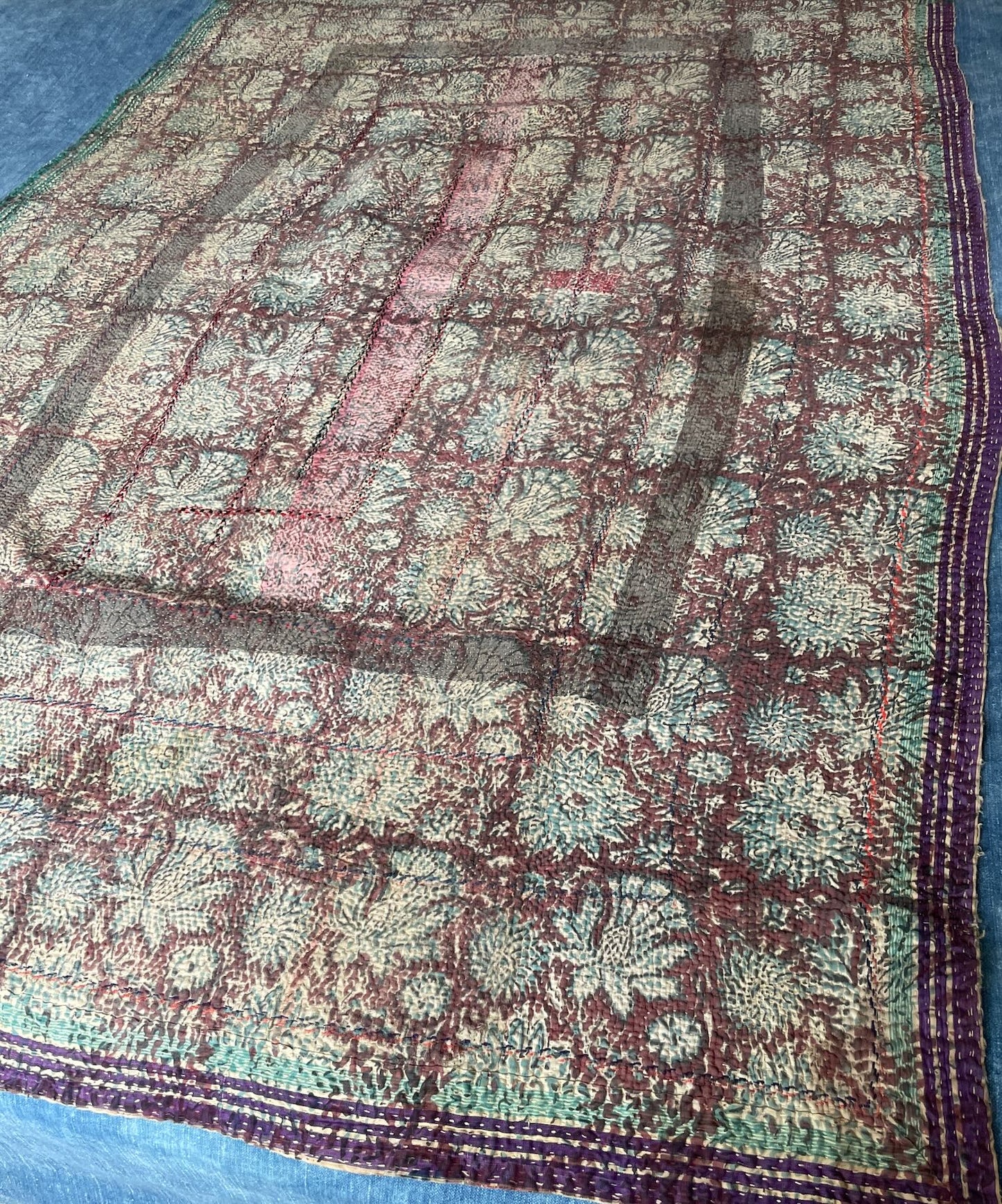 blue purple vintage kantha bedspread uk block print quilt sofa throw single cotton washable 