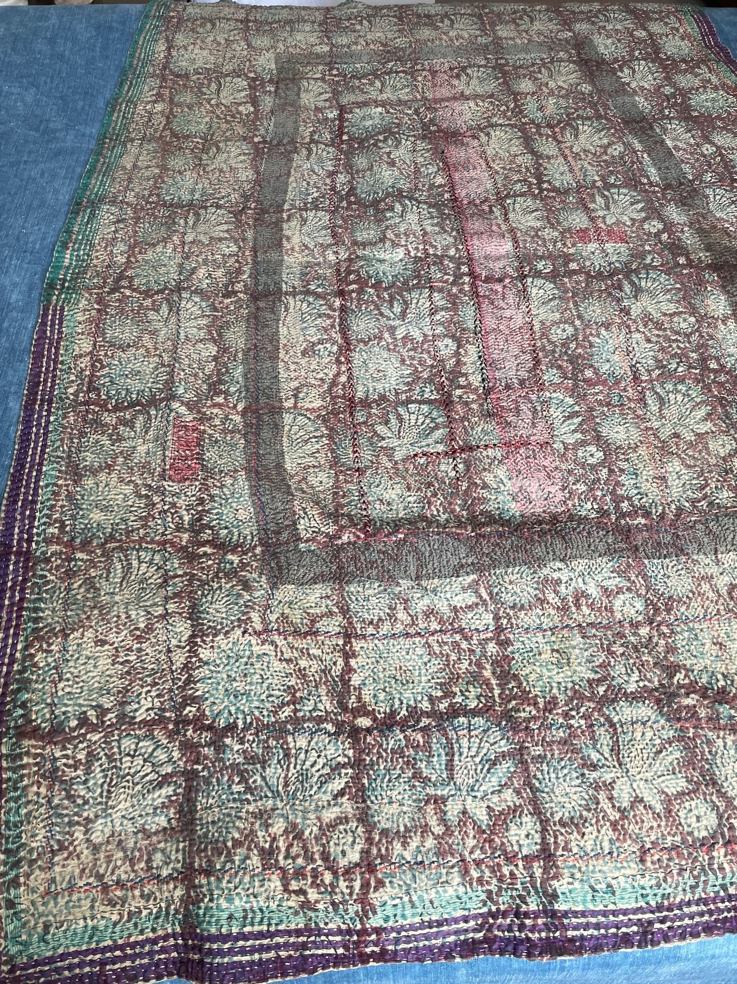 
                  
                    blue purple vintage kantha bedspread uk block print quilt sofa throw single cotton washable 
                  
                