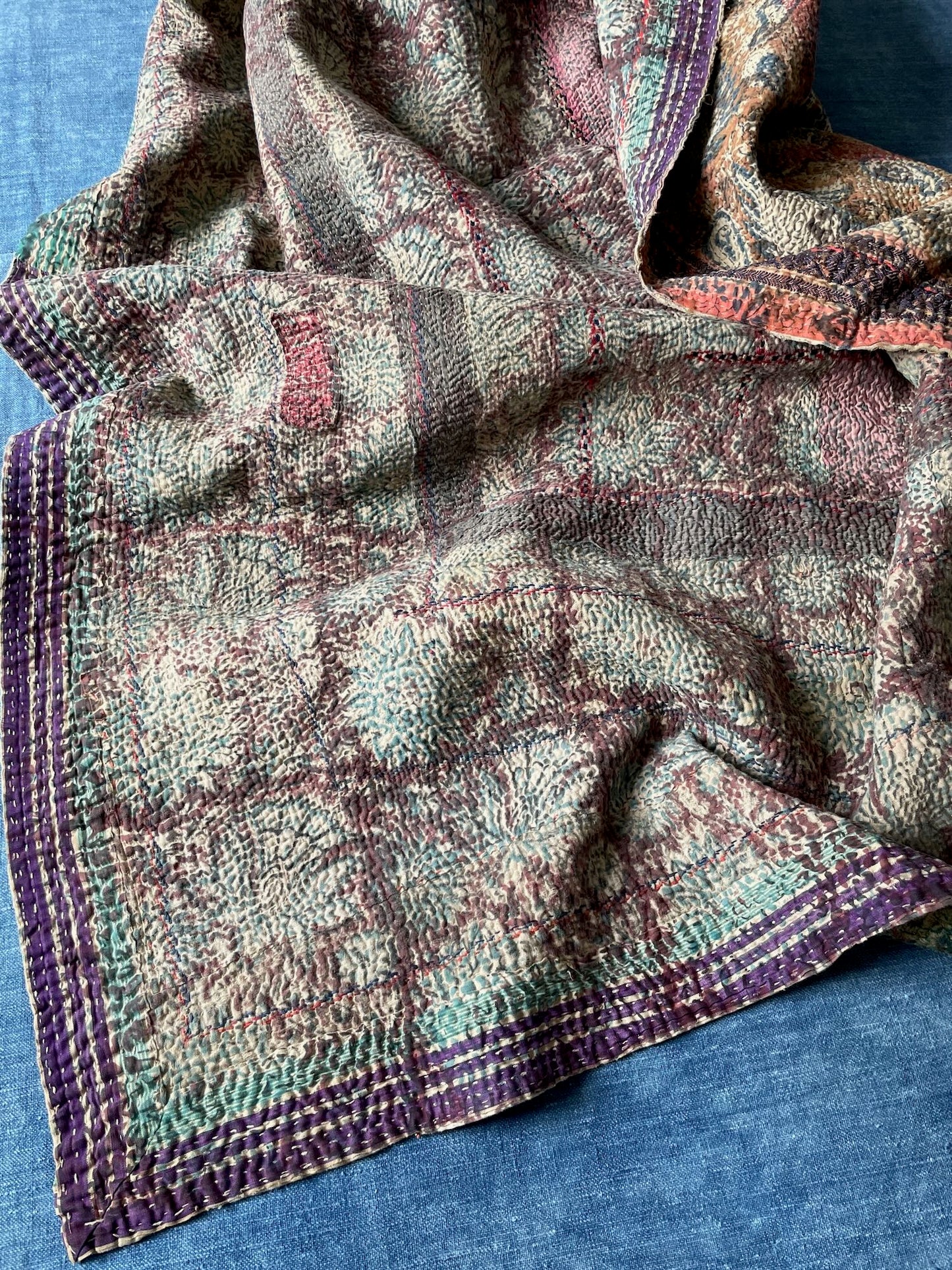 blue purple vintage kantha bedspread uk block print quilt sofa throw single cotton washable 