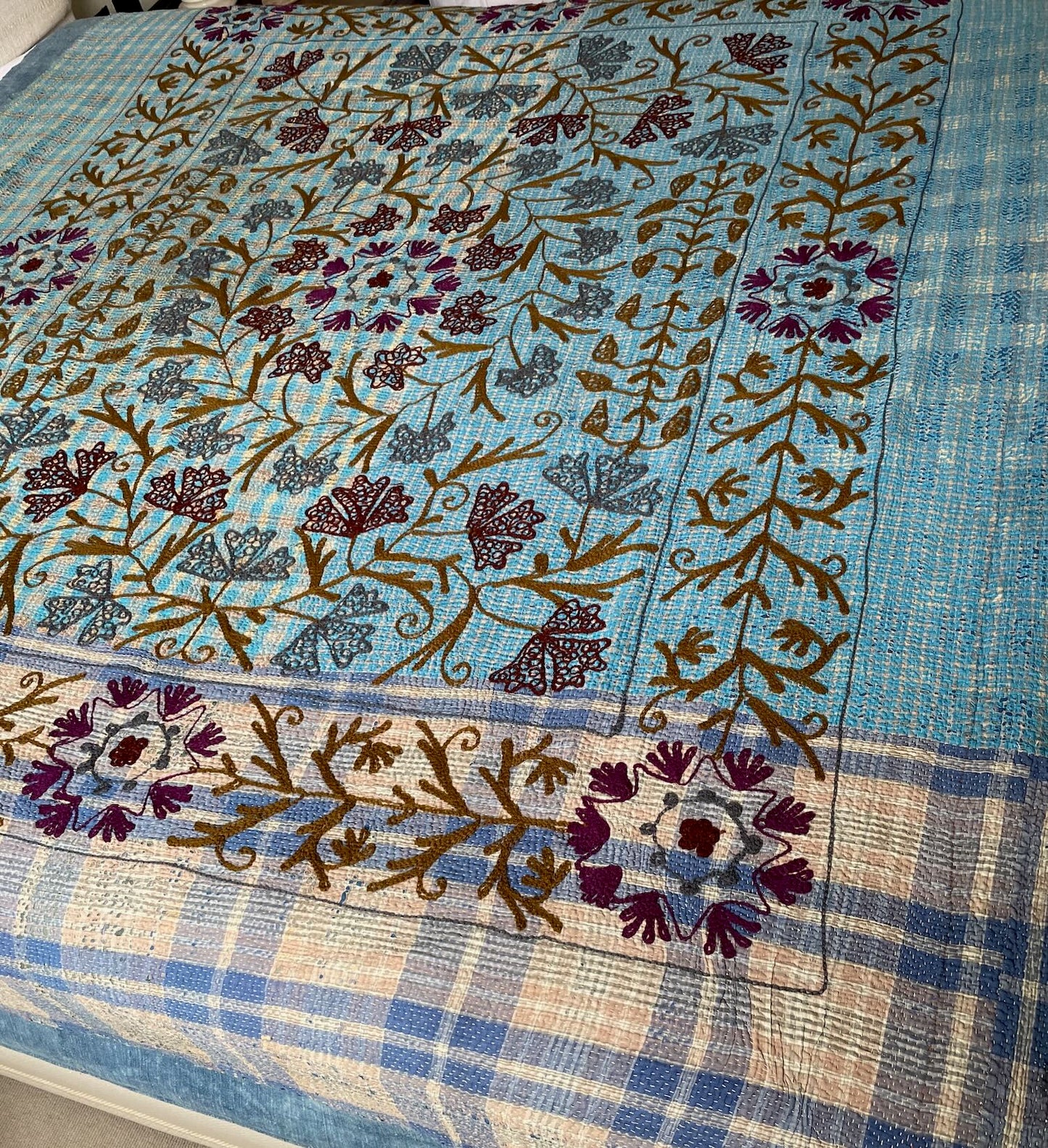 blue gray red check large vintage kantha bedspread quilt uk suzani embroidery washable cotton