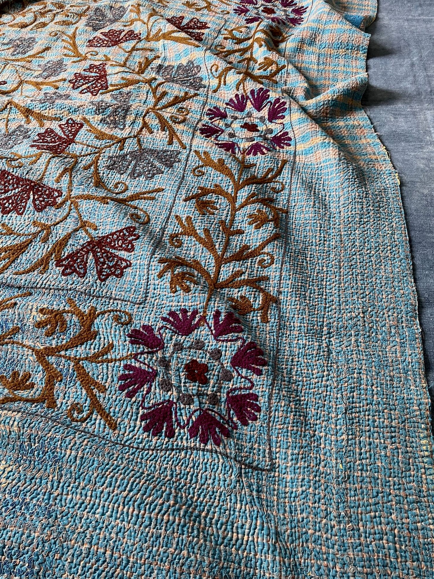 
                  
                    blue gray red check large vintage kantha bedspread quilt uk suzani embroidery washable cotton
                  
                