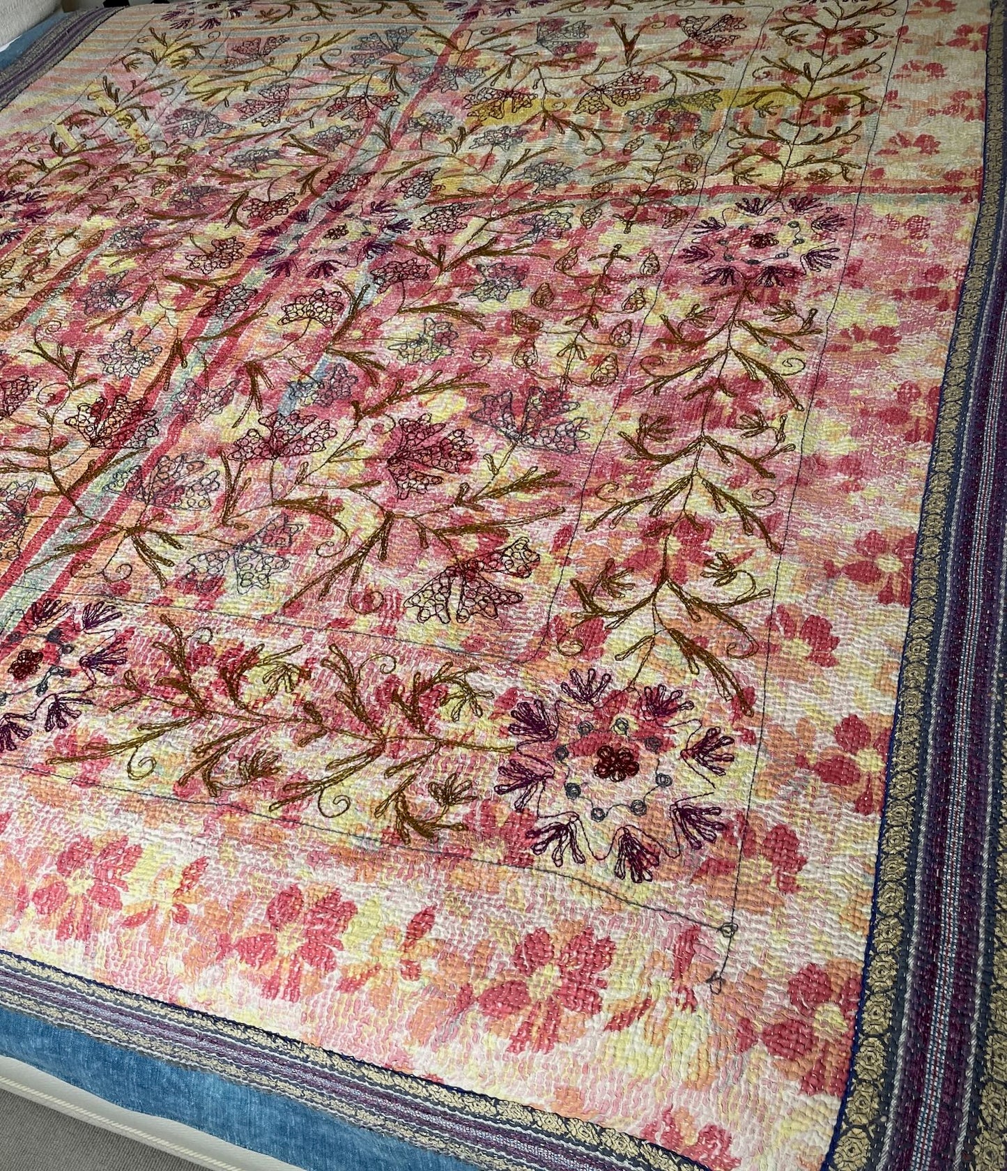 
                  
                    blue gray red check large vintage kantha bedspread quilt uk suzani embroidery washable cotton
                  
                