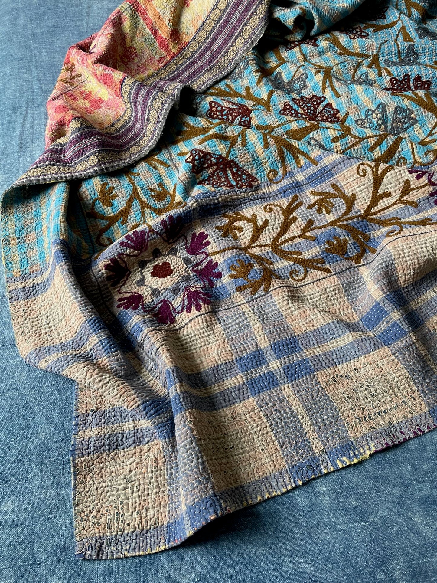 blue gray red check large vintage kantha bedspread quilt uk suzani embroidery washable cotton