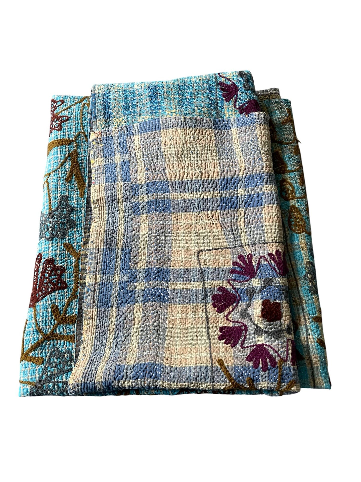 
                  
                    blue gray red check large vintage kantha bedspread quilt uk suzani embroidery washable cotton
                  
                