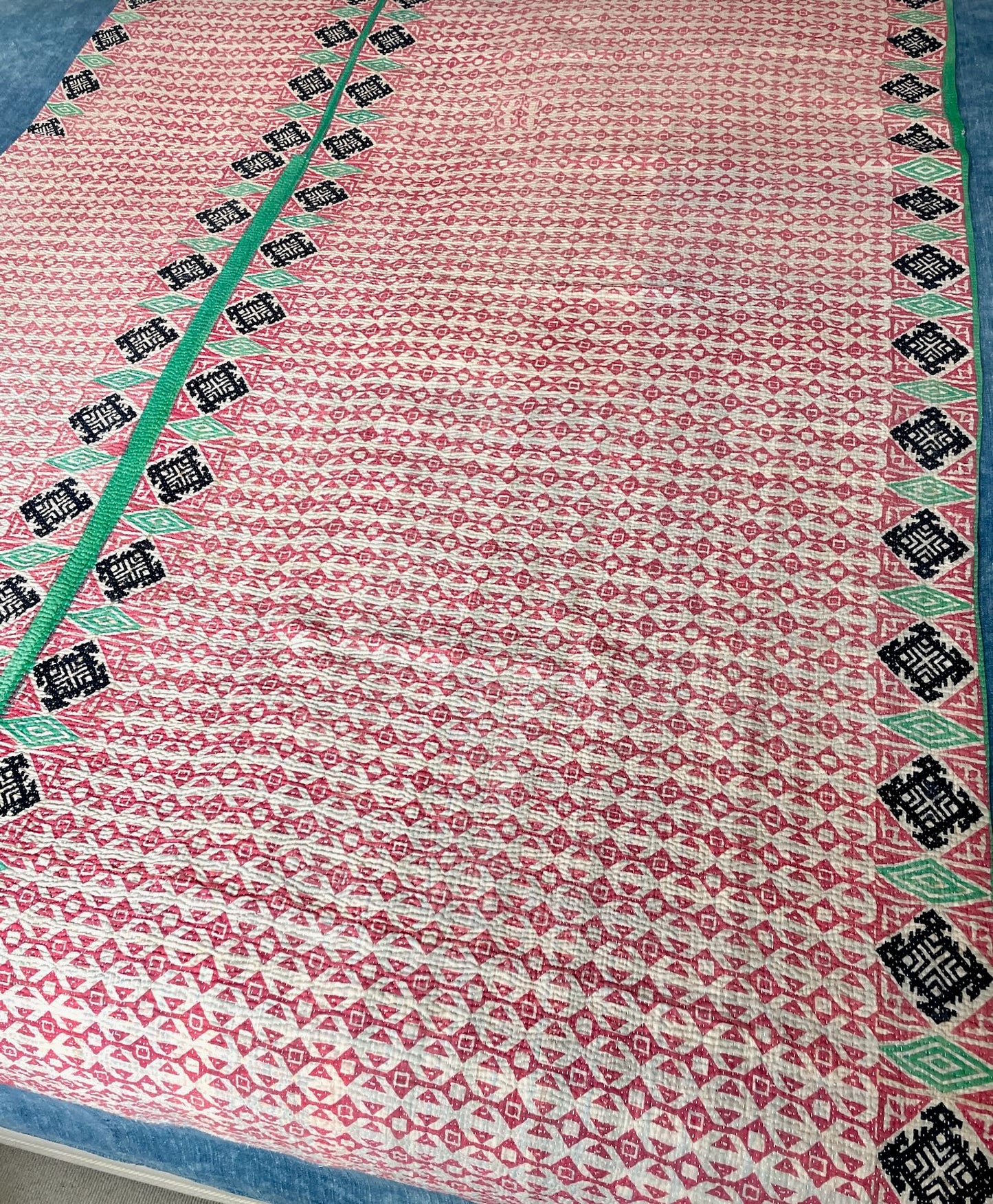 pink green purple geometric pattern kantha bedspread vintage quilt handmade cotton washable