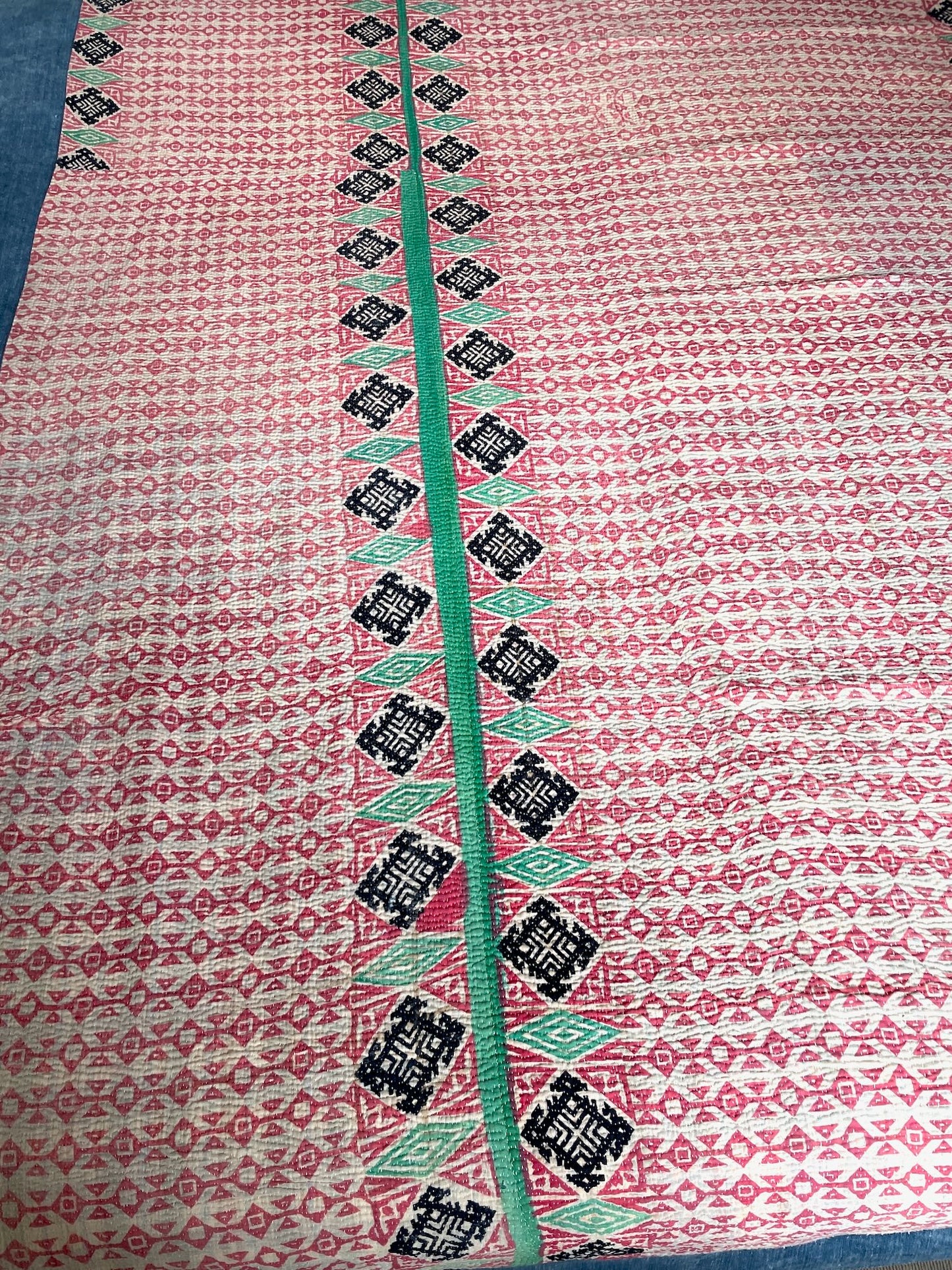 
                  
                    pink green purple geometric pattern kantha bedspread vintage quilt handmade cotton washable
                  
                