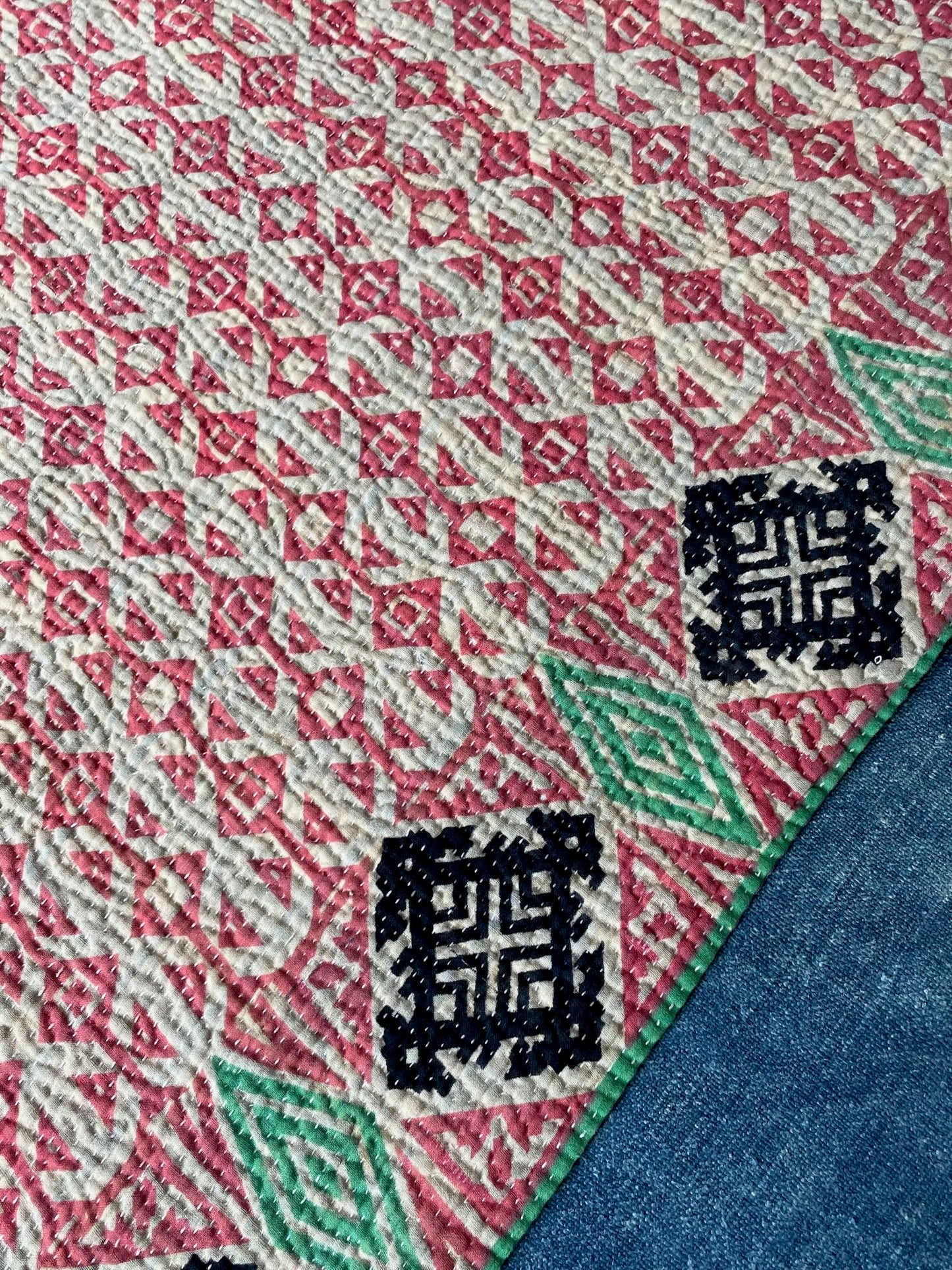 
                  
                    pink green purple geometric pattern kantha bedspread vintage quilt handmade cotton washable
                  
                