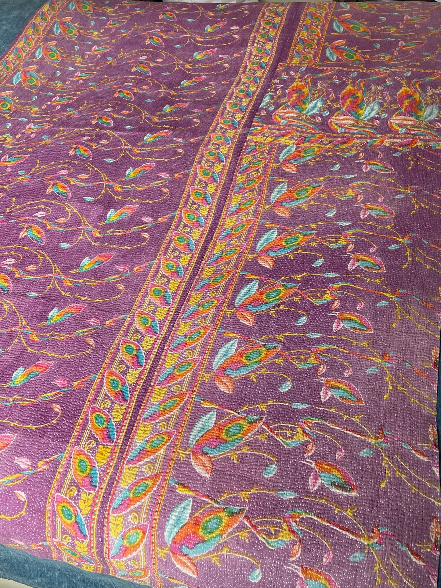 
                  
                    pink green purple geometric pattern kantha bedspread vintage quilt handmade cotton washable
                  
                