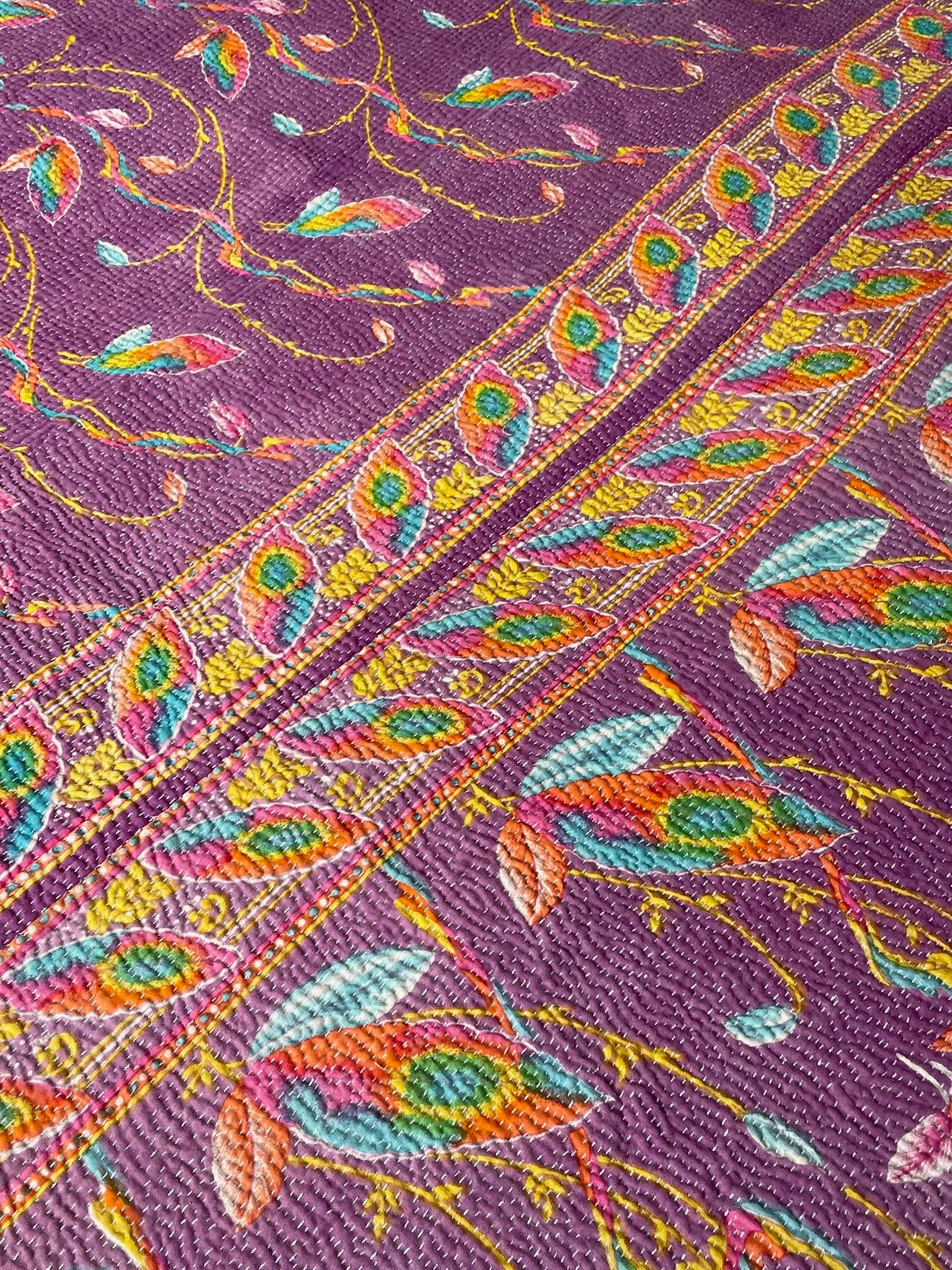 
                  
                    pink green purple geometric pattern kantha bedspread vintage quilt handmade cotton washable
                  
                