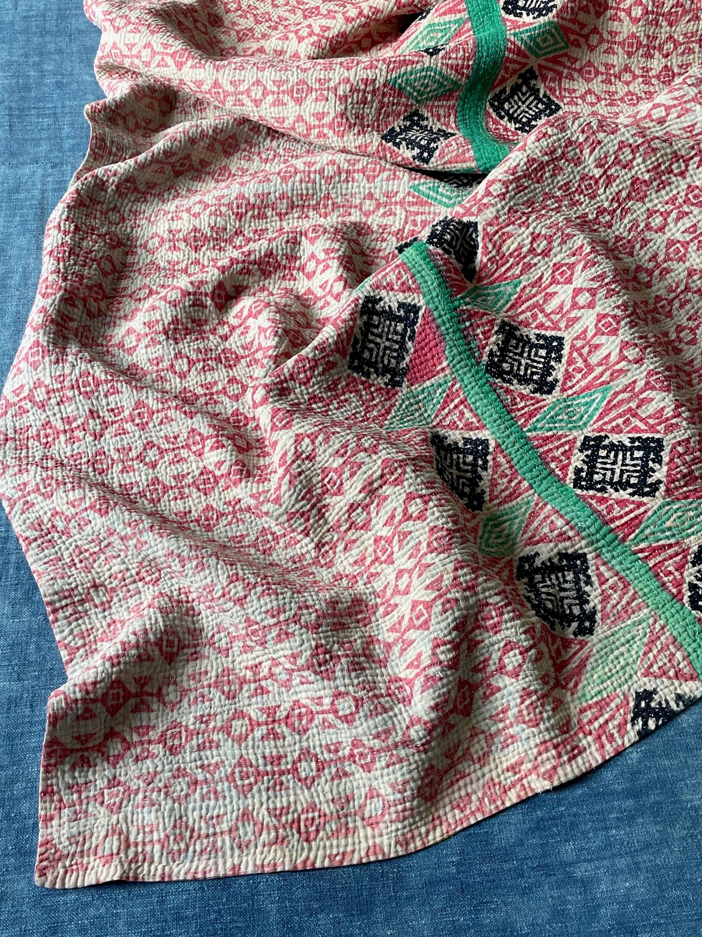 pink green purple geometric pattern kantha bedspread vintage quilt handmade cotton washable