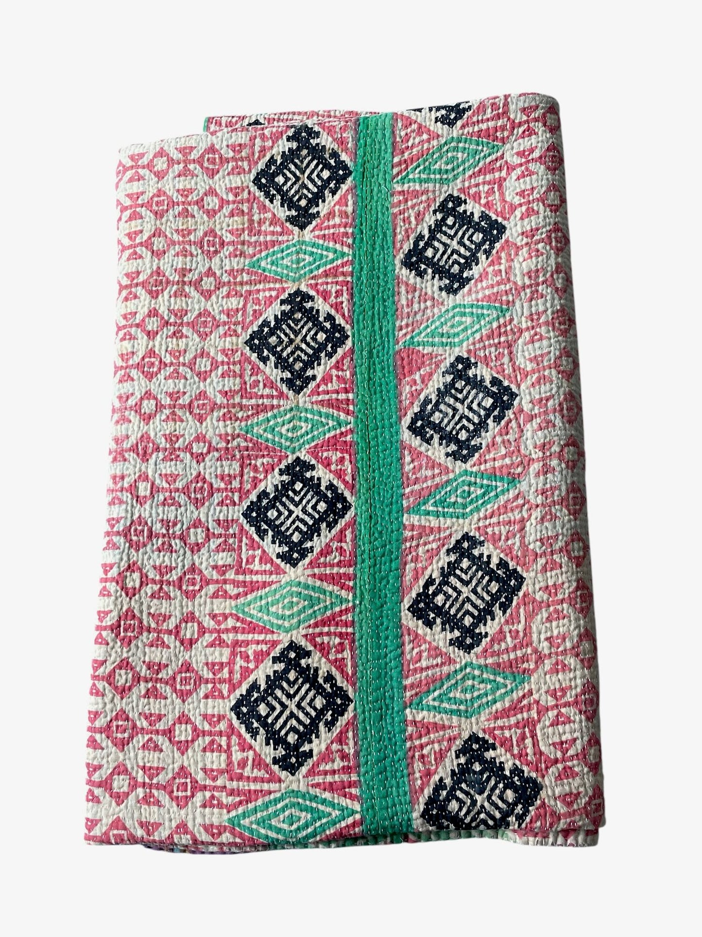 
                  
                    pink green purple geometric pattern kantha bedspread vintage quilt handmade cotton washable
                  
                