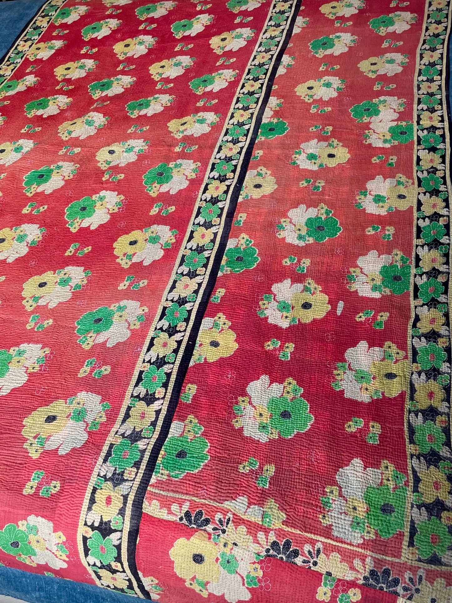 pink coral orange green floral pattern kantha quilt bedspread comforter washable sofa throw large