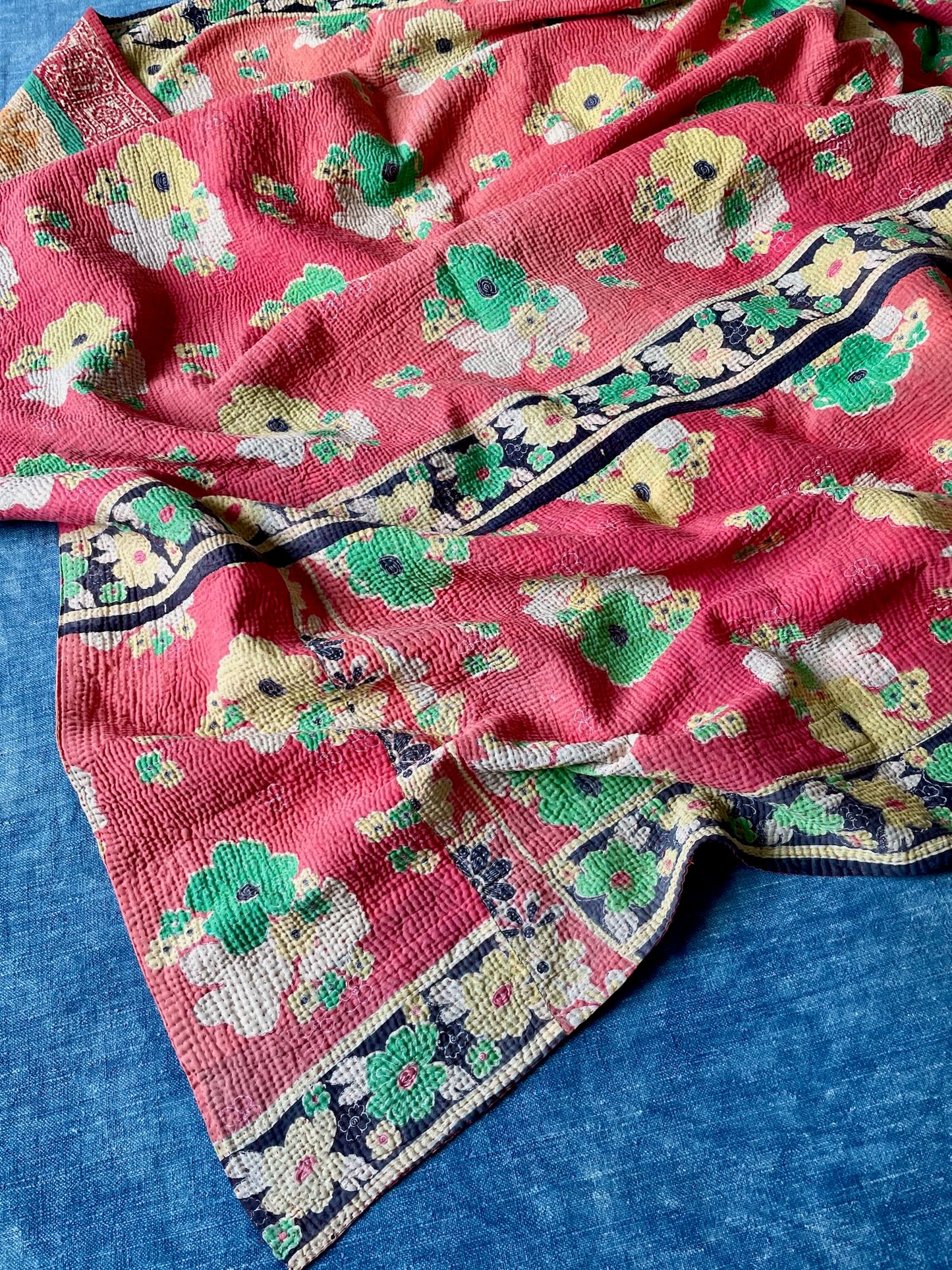 pink coral orange green floral pattern kantha quilt bedspread comforter washable sofa throw large