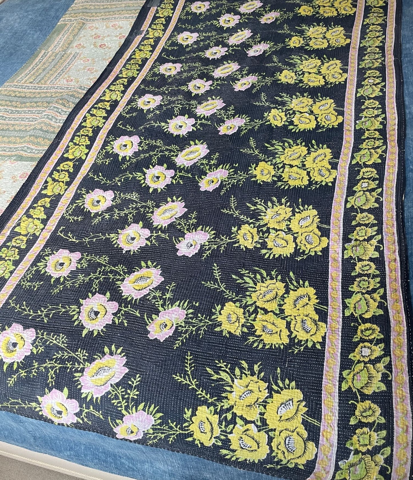 black green pink lime kantha quilt sofa throw cotton comforter handmade single bedspread washable 