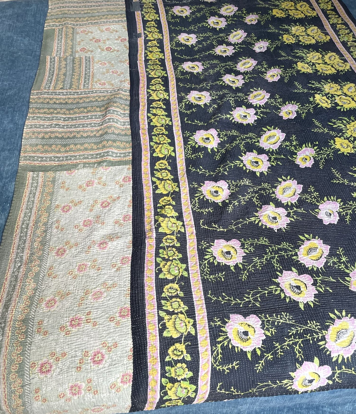 
                  
                    black green pink lime kantha quilt sofa throw cotton comforter handmade single bedspread washable 
                  
                