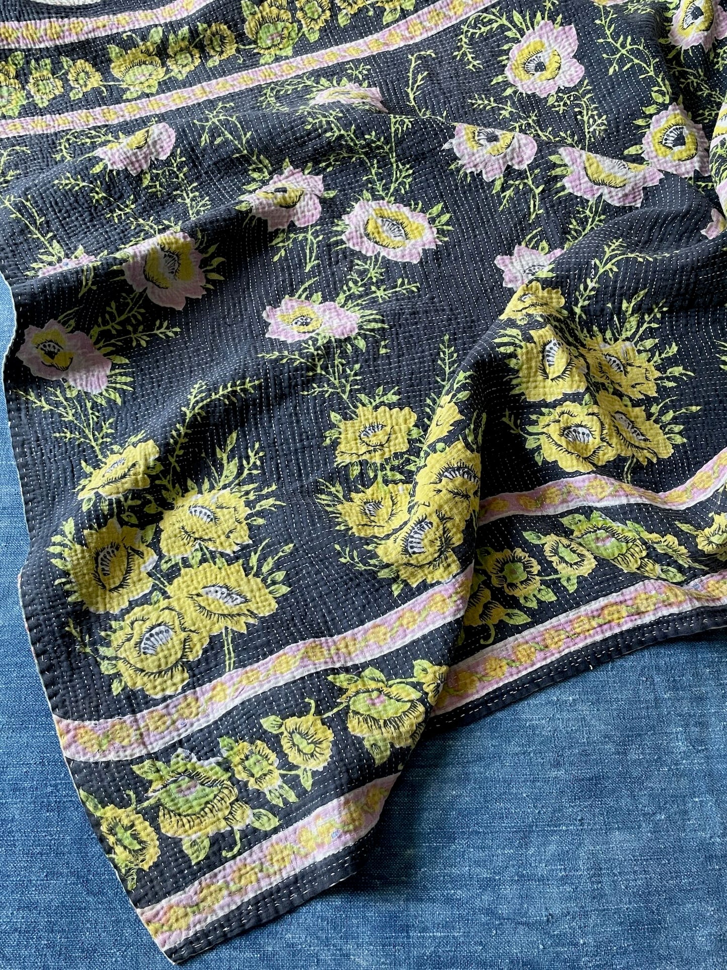 black green pink lime kantha quilt sofa throw cotton comforter handmade single bedspread washable 