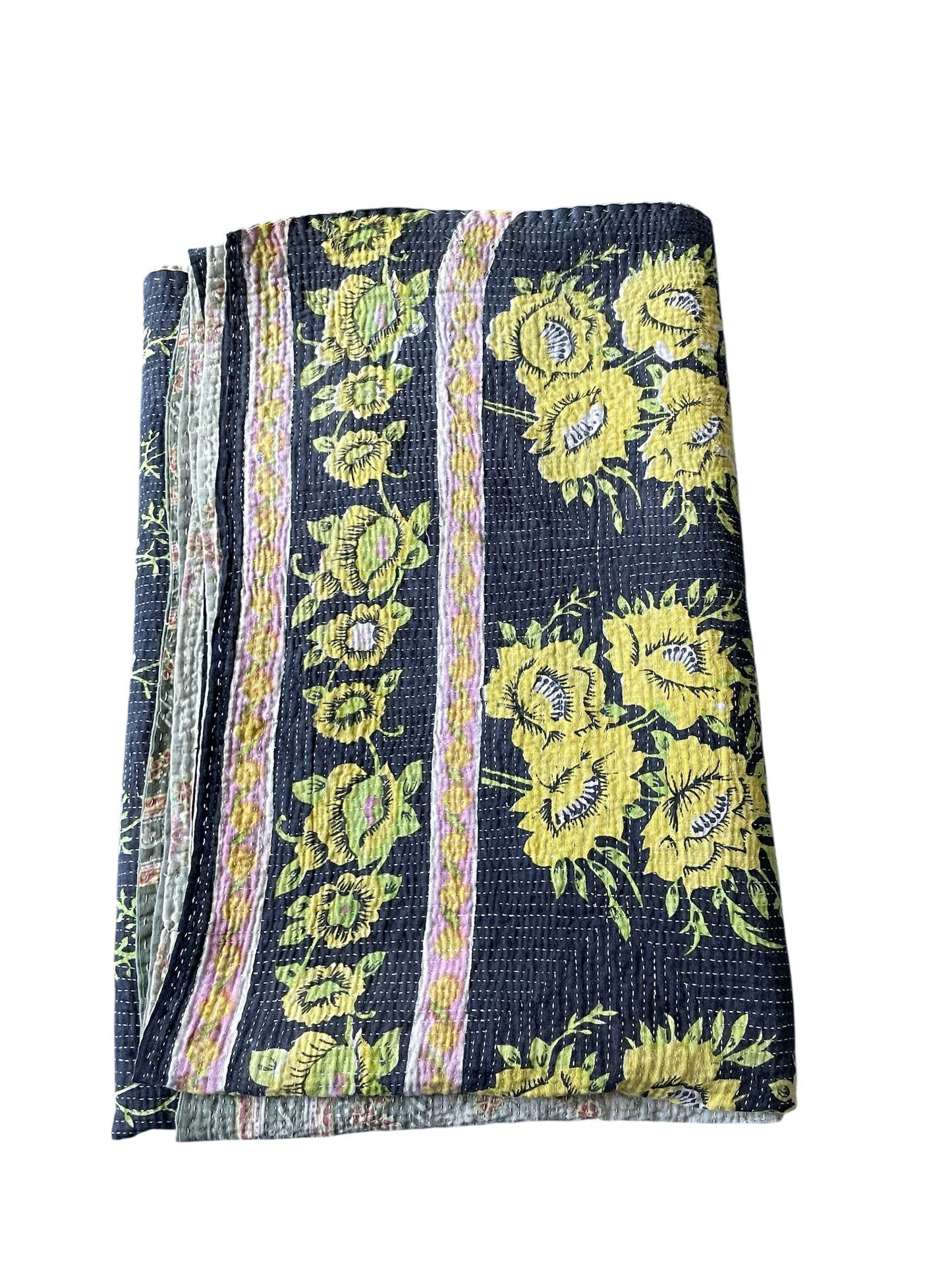 
                  
                    black green pink lime kantha quilt sofa throw cotton comforter handmade single bedspread washable 
                  
                