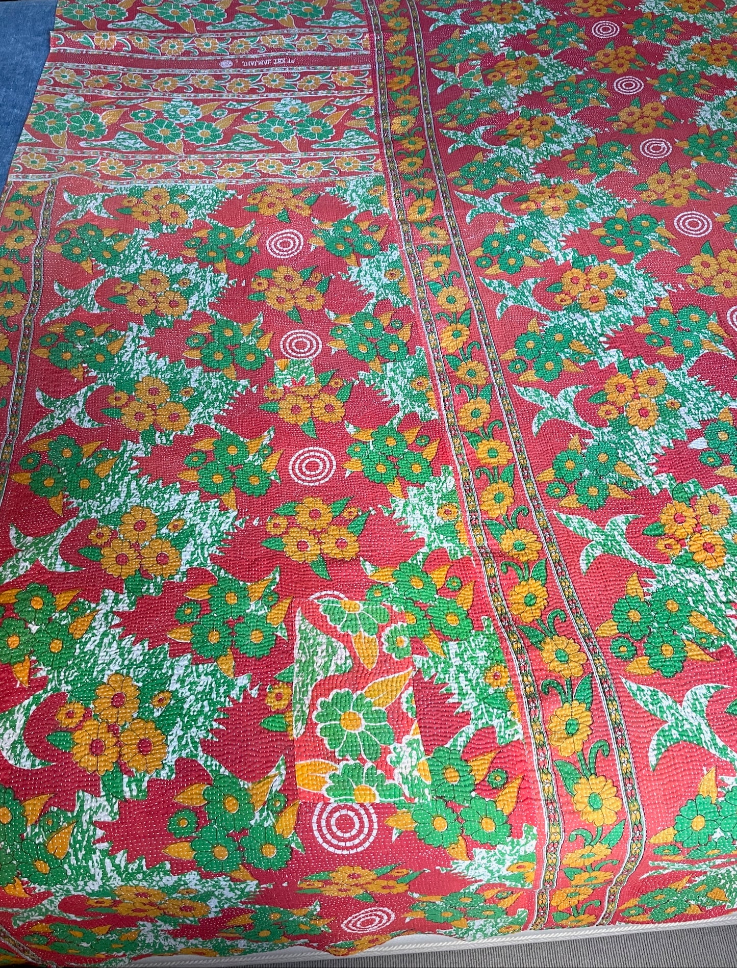 
                  
                    large turquoise blue kantha bedspread quilt comforter super king washable cotton  red green flowers
                  
                