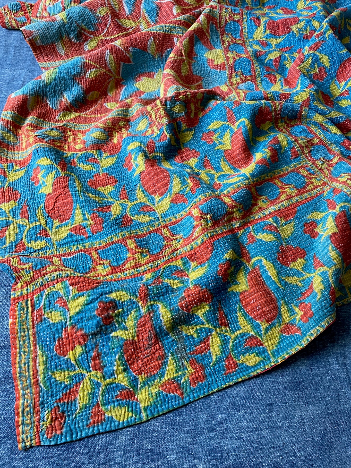 large turquoise blue kantha bedspread quilt comforter super king washable cotton  red green flowers