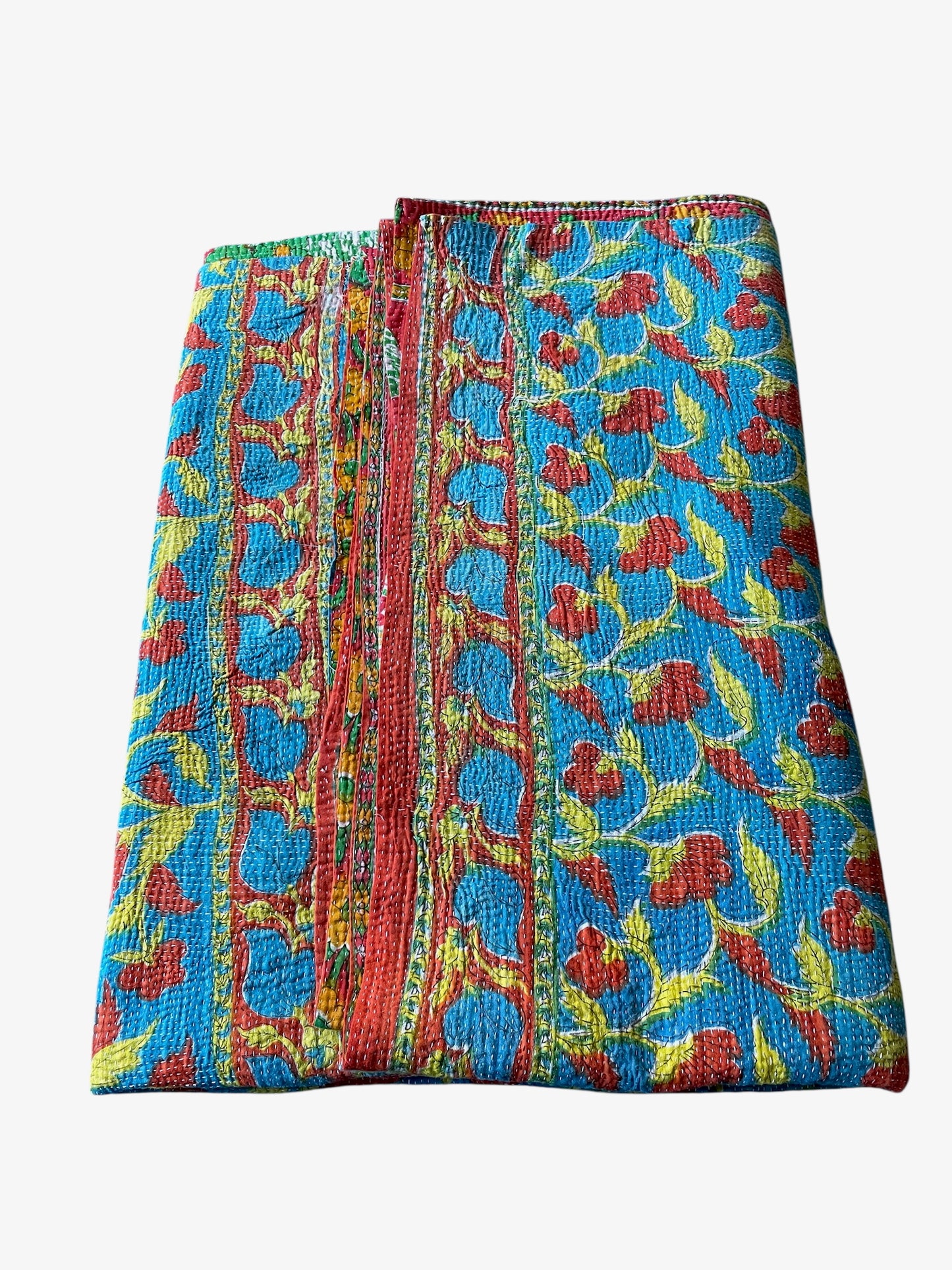 
                  
                    large turquoise blue kantha bedspread quilt comforter super king washable cotton  red green flowers
                  
                