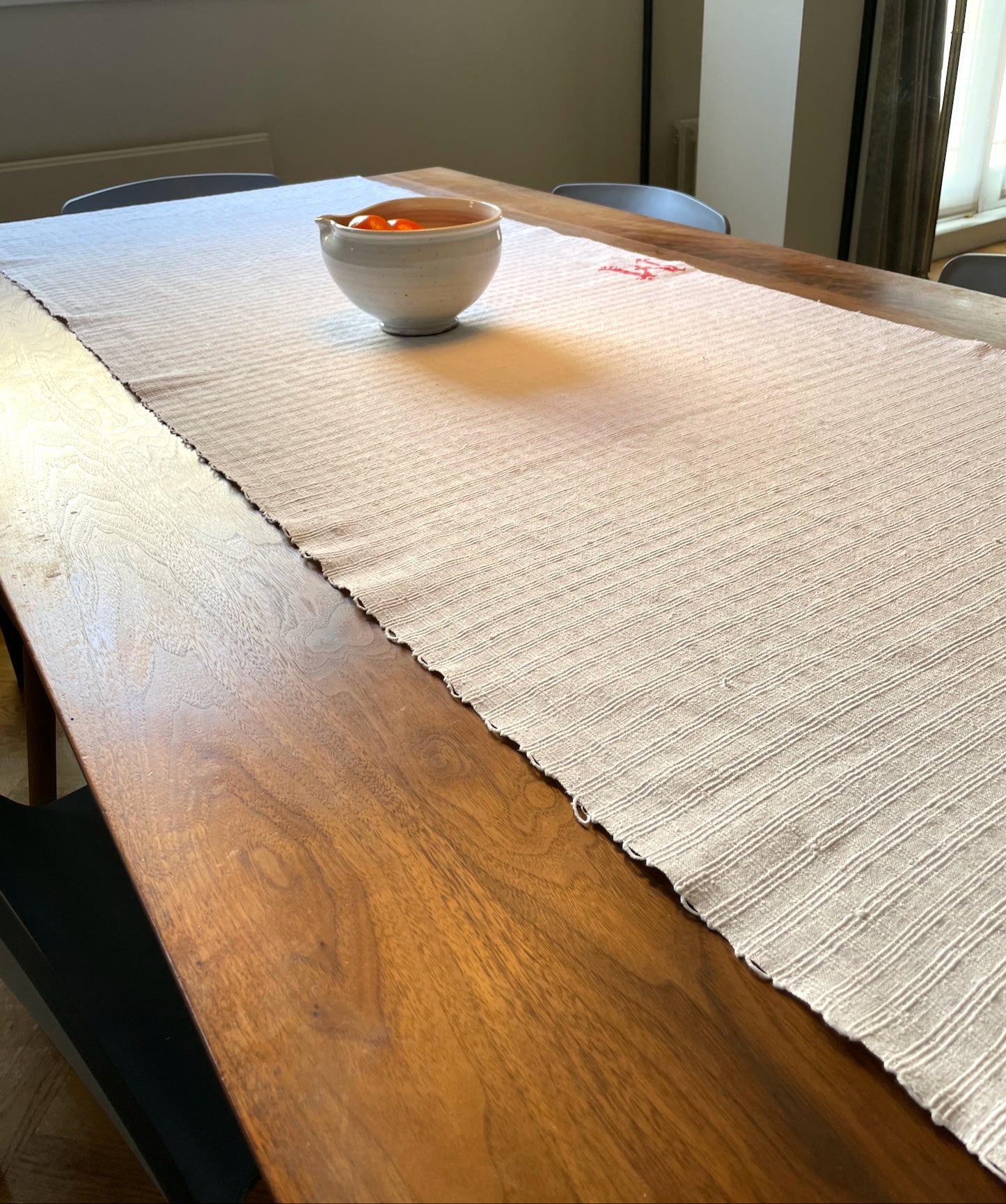 long white linen table runner rustic vintage linen monogrammed M sewing fabric cushion 3 metres long