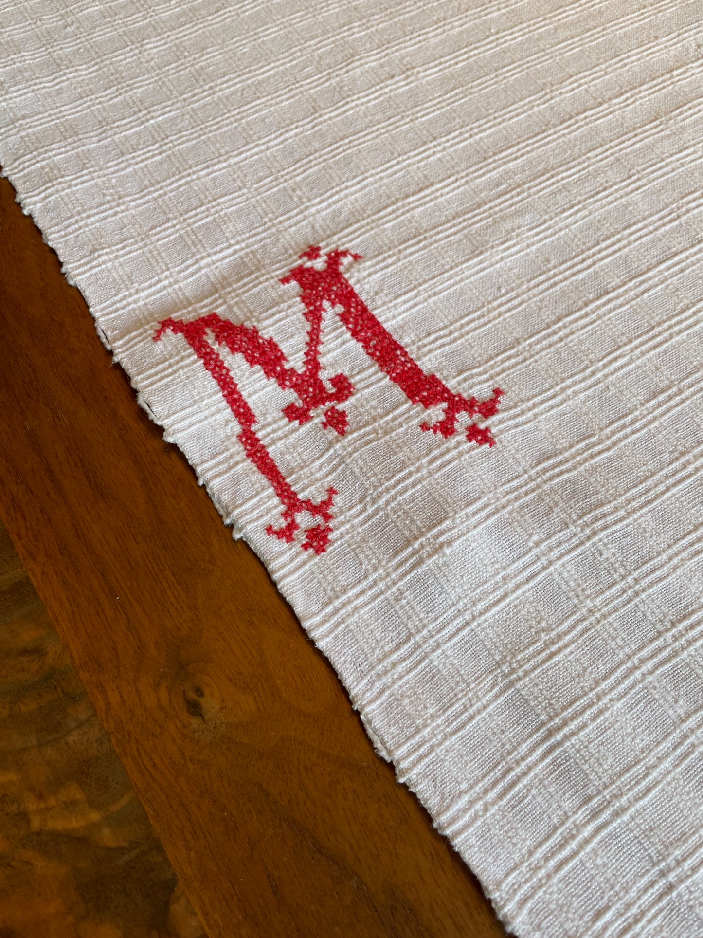 long white linen table runner rustic vintage linen monogrammed M sewing fabric cushion 3 metres long