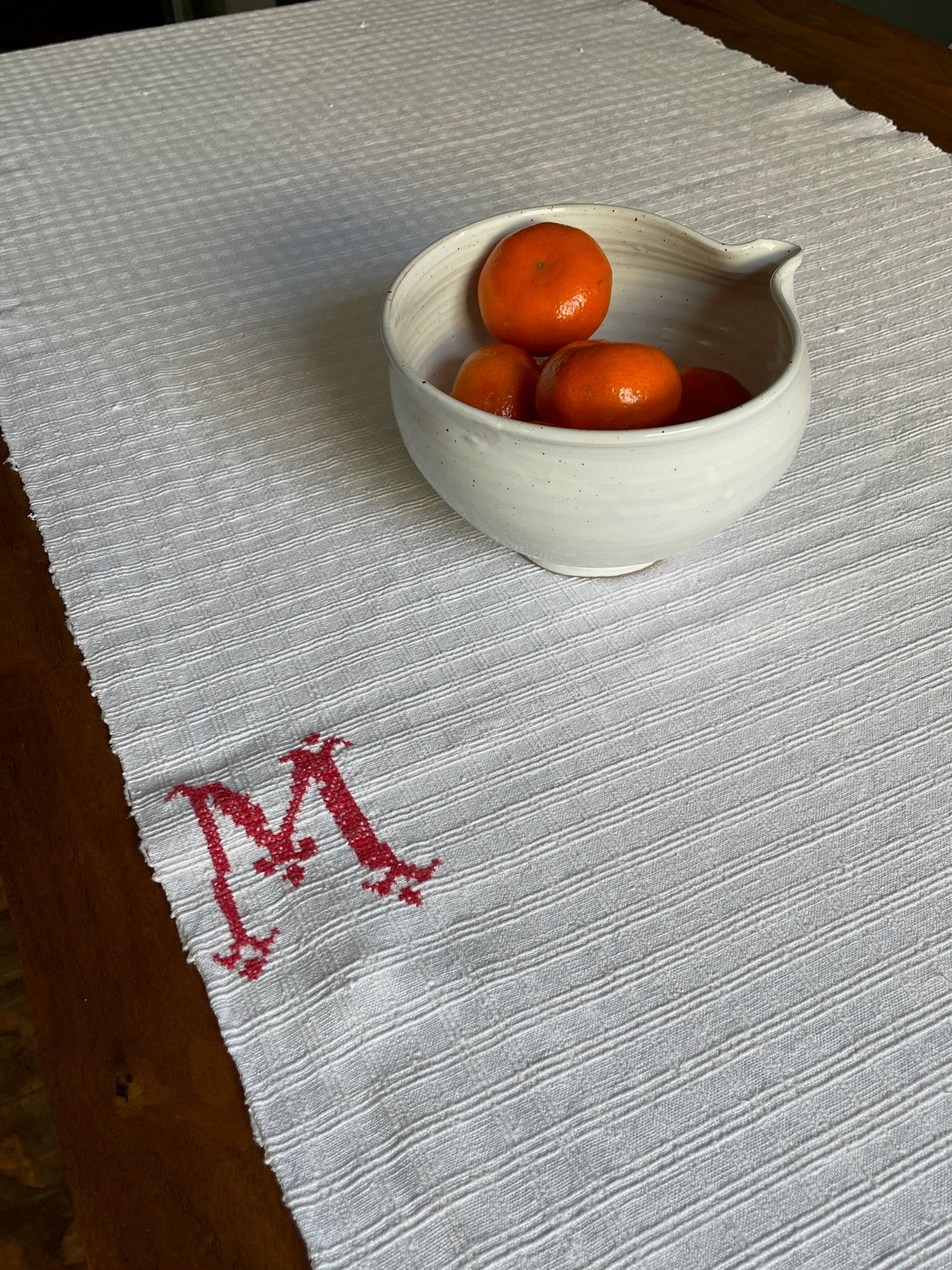 long white linen table runner rustic vintage linen monogrammed M sewing fabric cushion 3 metres long